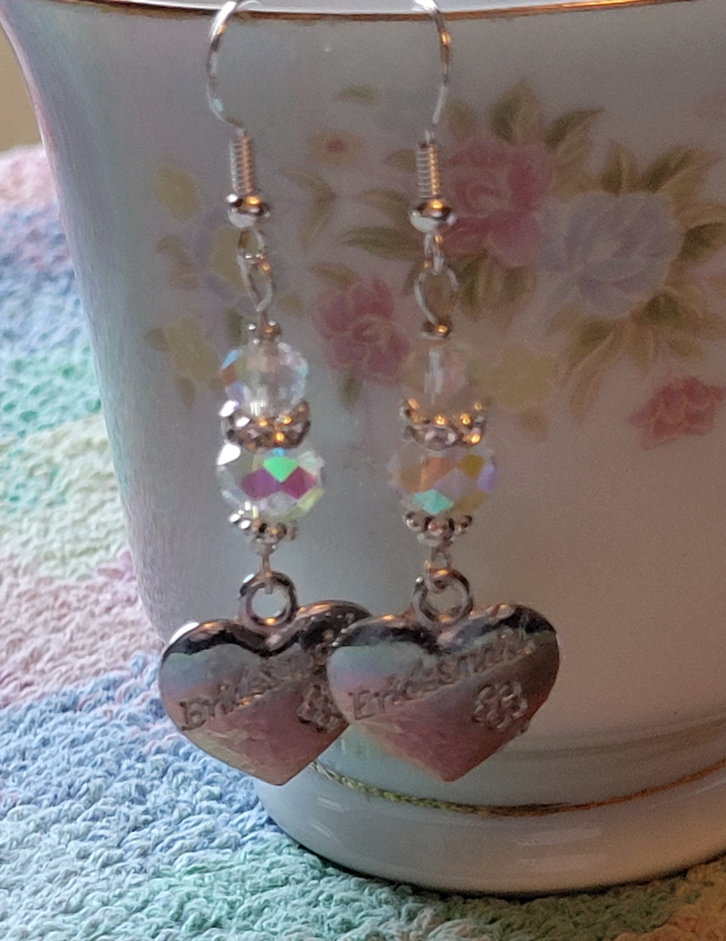 Artisan BRIDESMAID Silver HEART Clear Crystal Dangle Drop Earrings Rhinestones