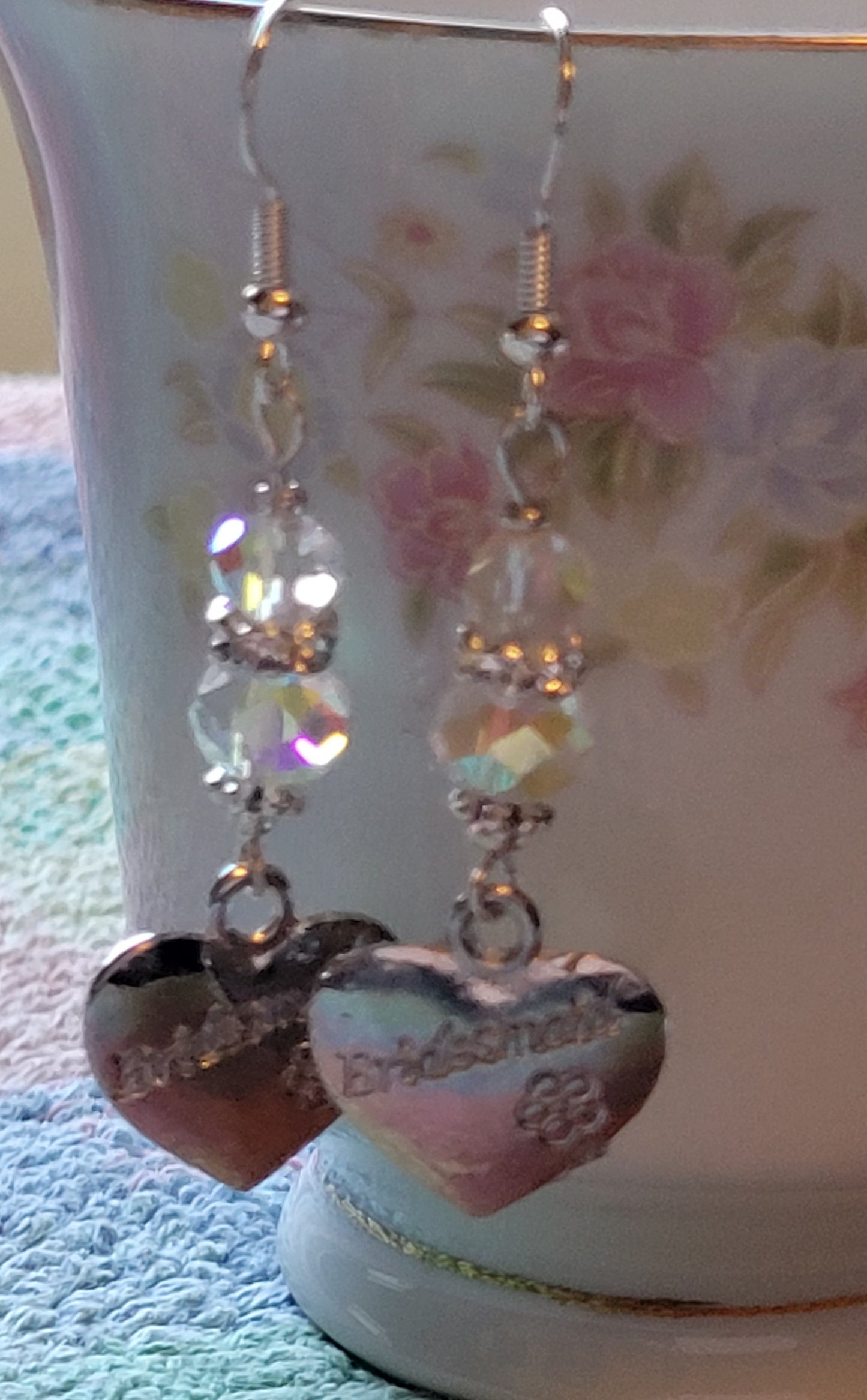 Artisan BRIDESMAID Silver HEART Clear Crystal Dangle Drop Earrings Rhinestones