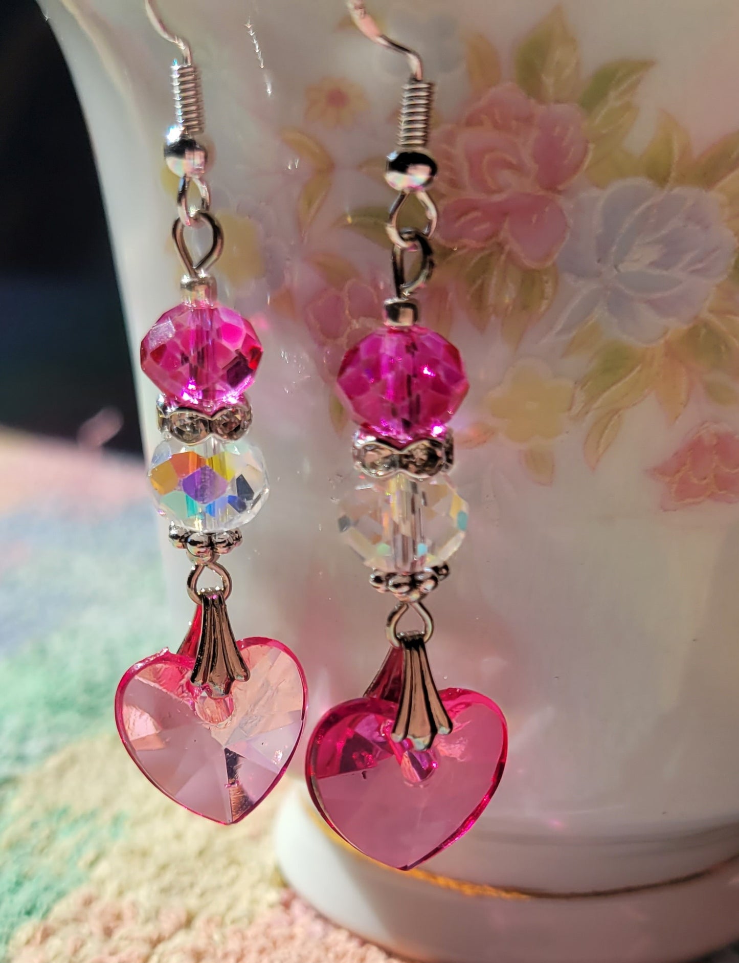 Artisan Elegant HOT PINK HEART  Crystal Dangle Earrings French Wire