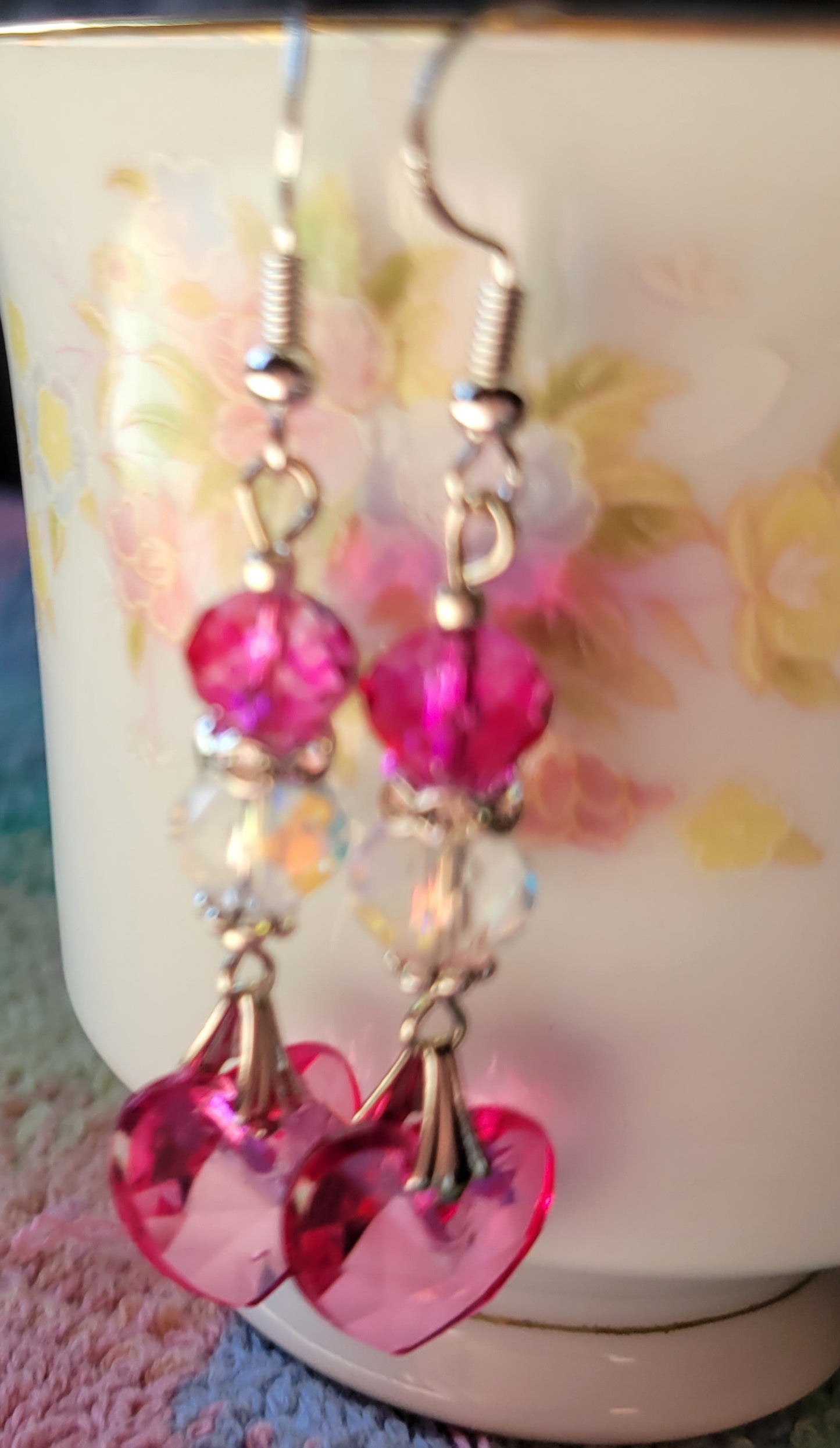 Artisan Elegant HOT PINK HEART  Crystal Dangle Earrings French Wire