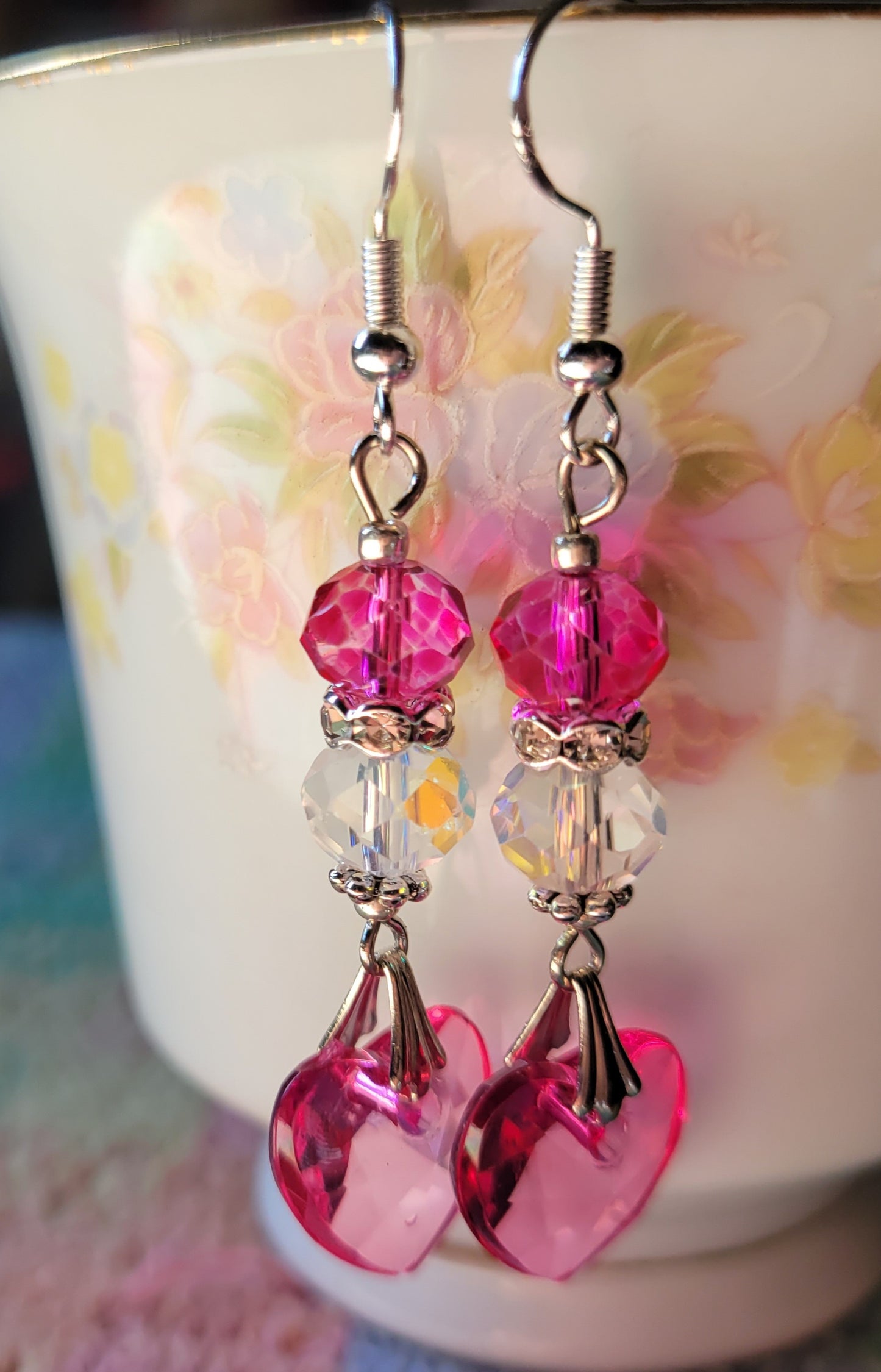 Artisan Elegant HOT PINK HEART  Crystal Dangle Earrings French Wire