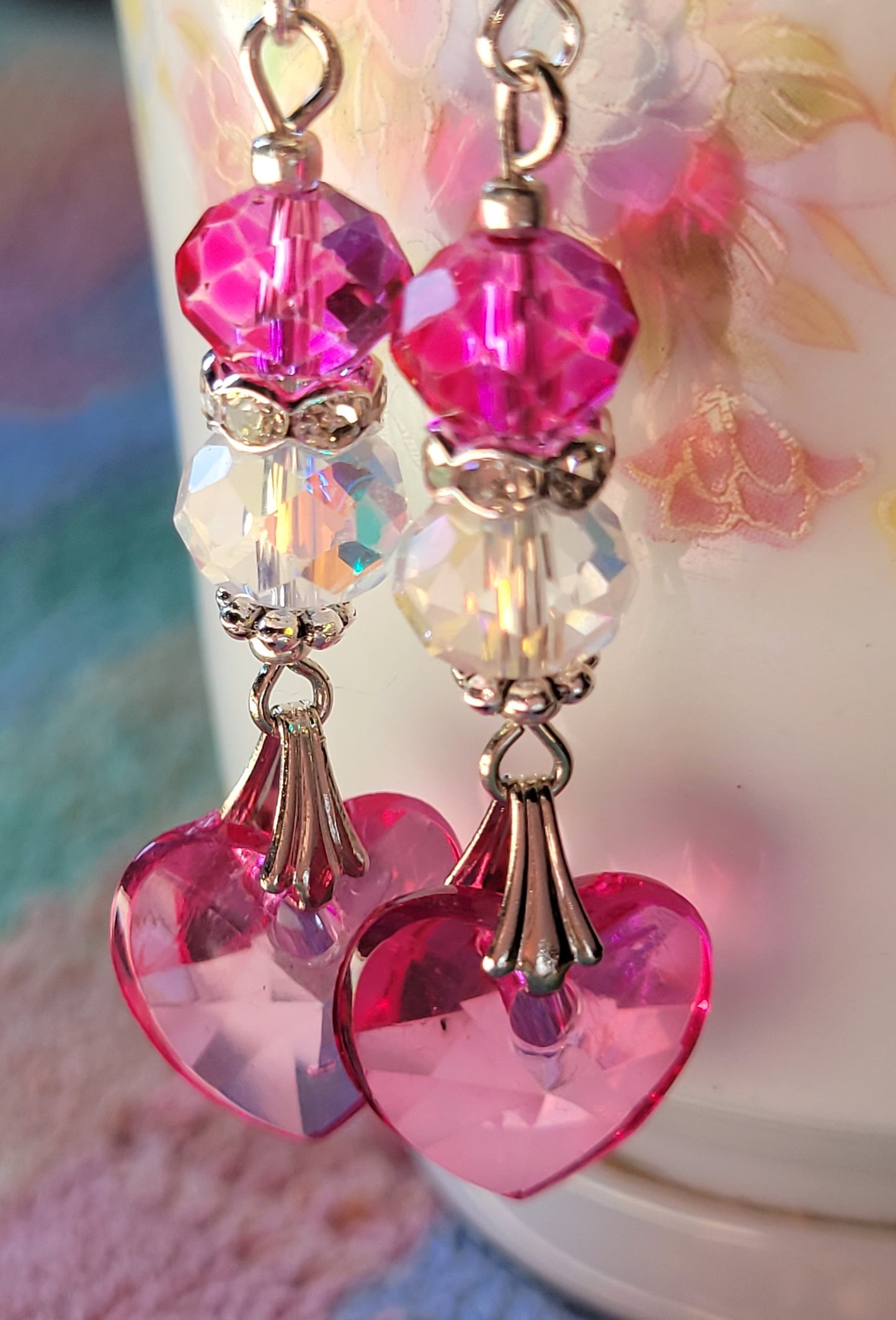 Artisan Elegant HOT PINK HEART  Crystal Dangle Earrings French Wire