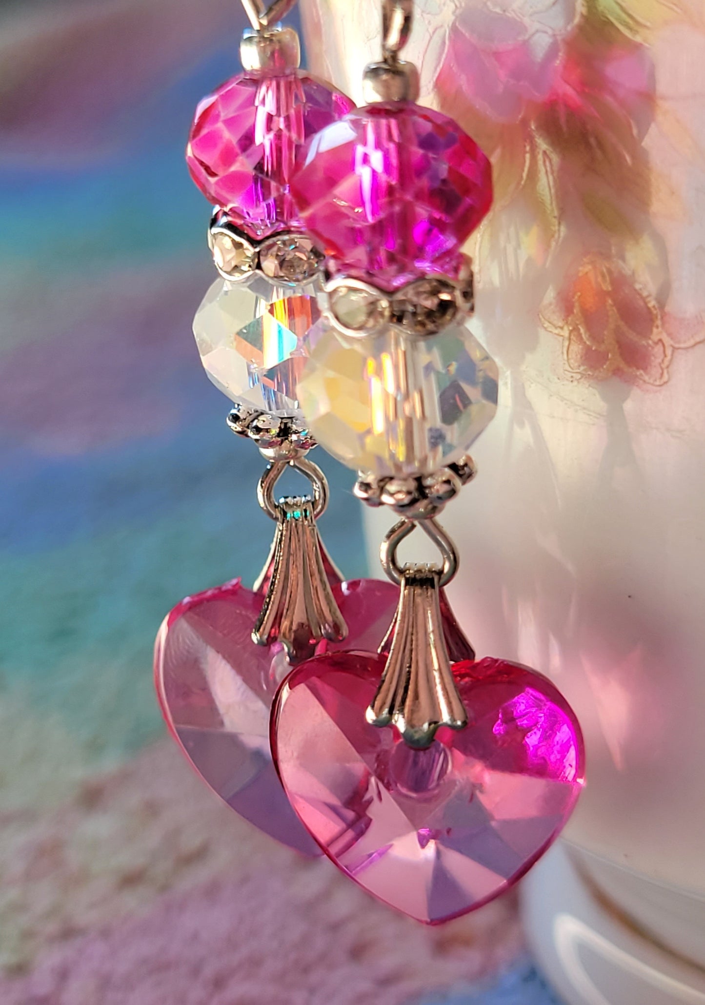Artisan Elegant HOT PINK HEART  Crystal Dangle Earrings French Wire