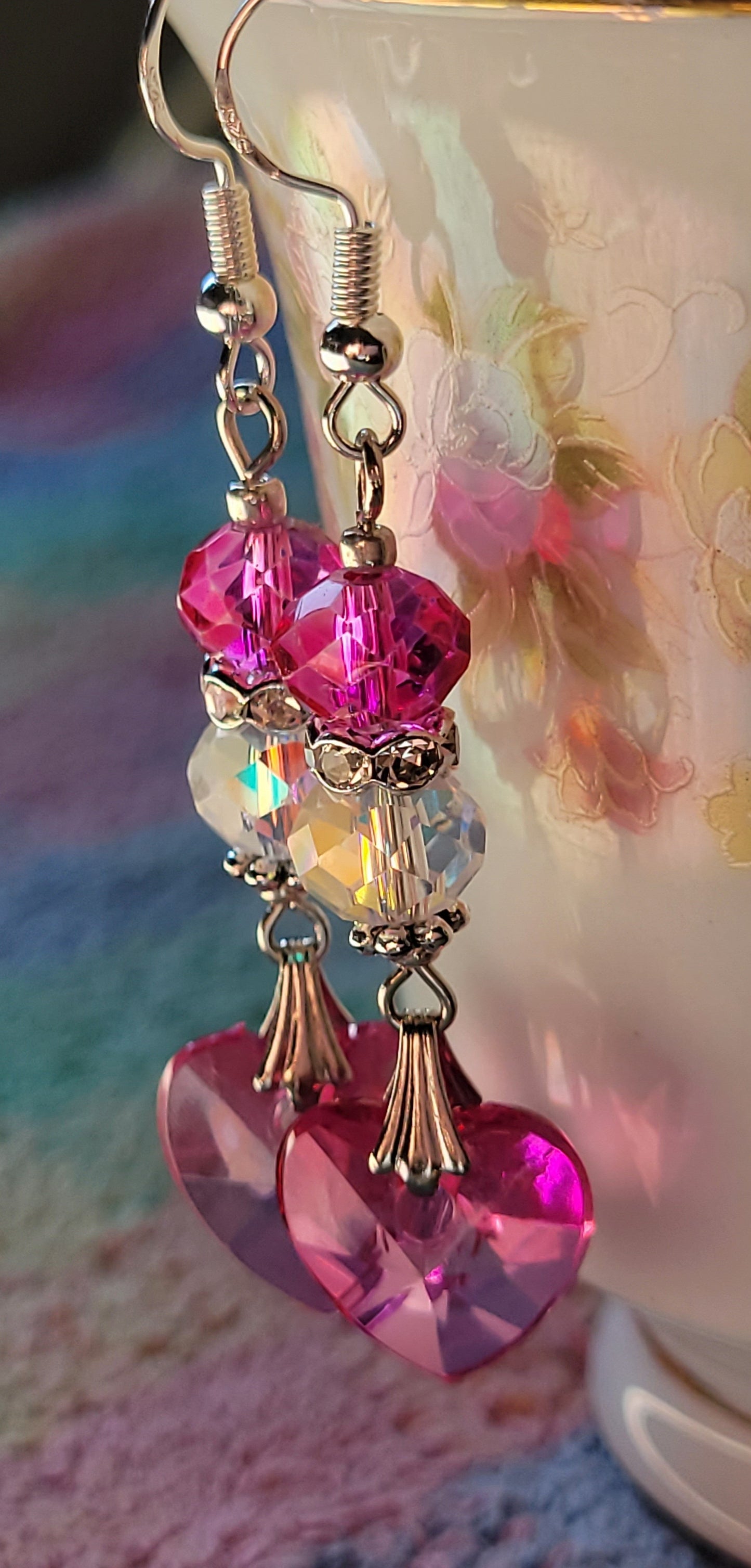 Artisan Elegant HOT PINK HEART  Crystal Dangle Earrings French Wire