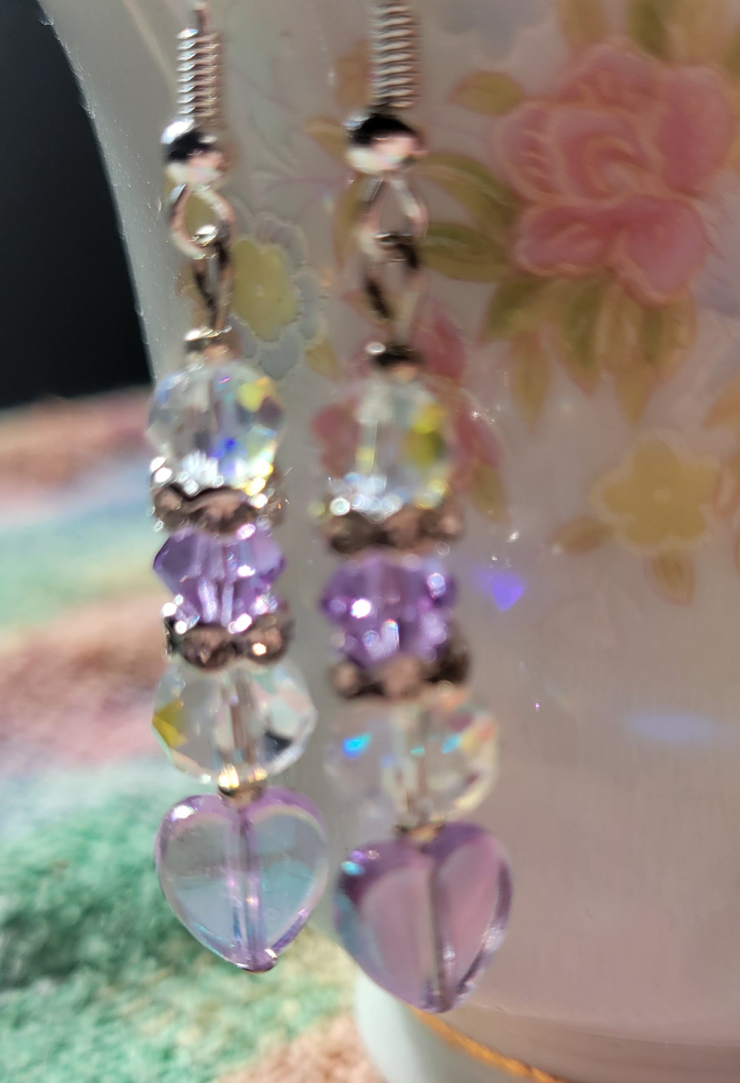 Artisan Elegant PURPLE HEART  Crystal Dangle Drop Earrings French Wire