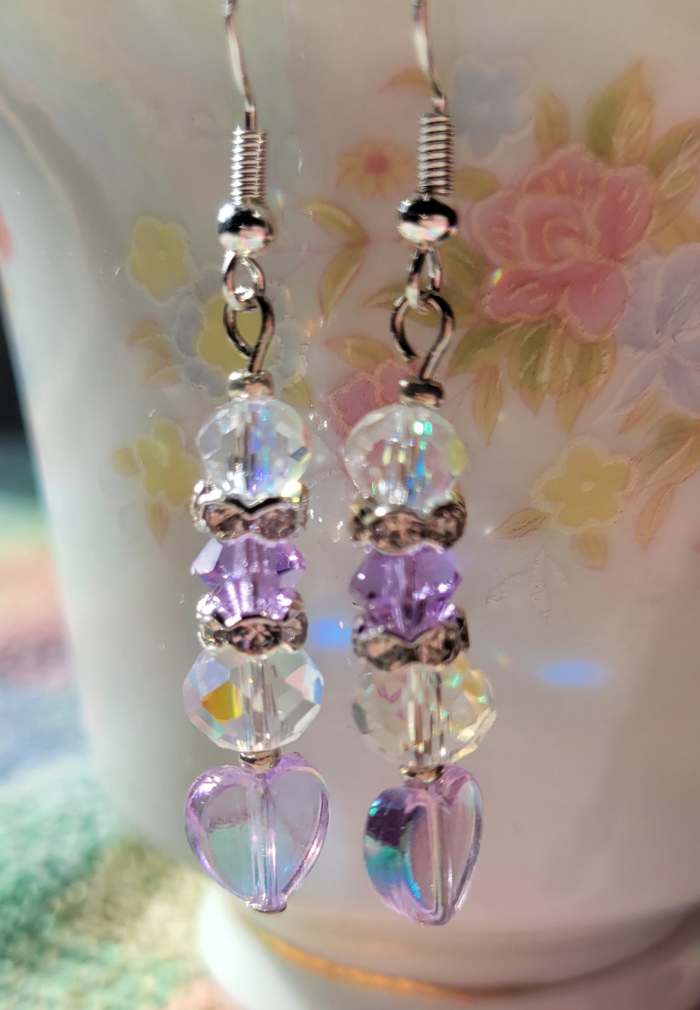 Artisan Elegant PURPLE HEART  Crystal Dangle Drop Earrings French Wire