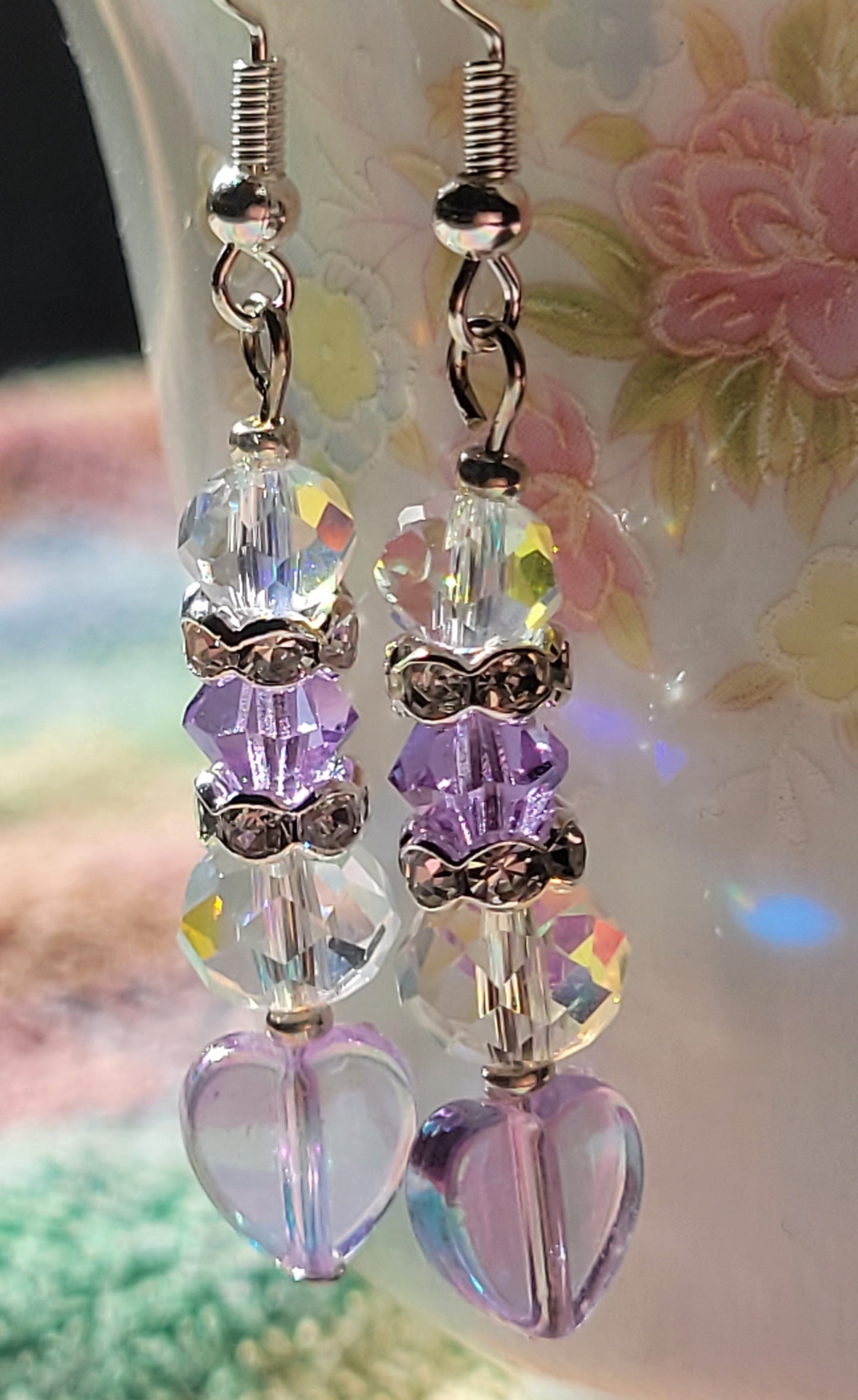 Artisan Elegant PURPLE HEART  Crystal Dangle Drop Earrings French Wire