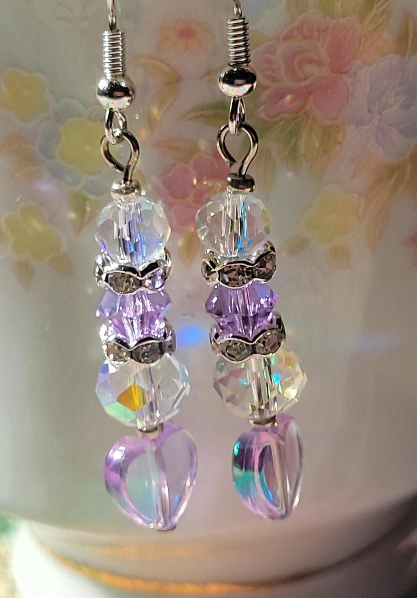 Artisan Elegant PURPLE HEART  Crystal Dangle Drop Earrings French Wire