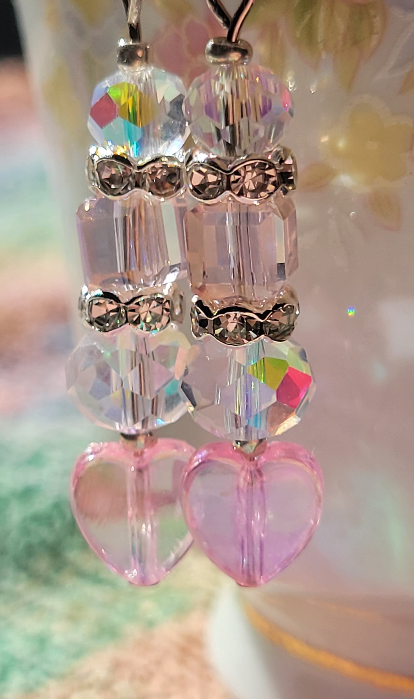Artisan Elegant PINK HEART Crystal Dangle Drop Earrings French Wire