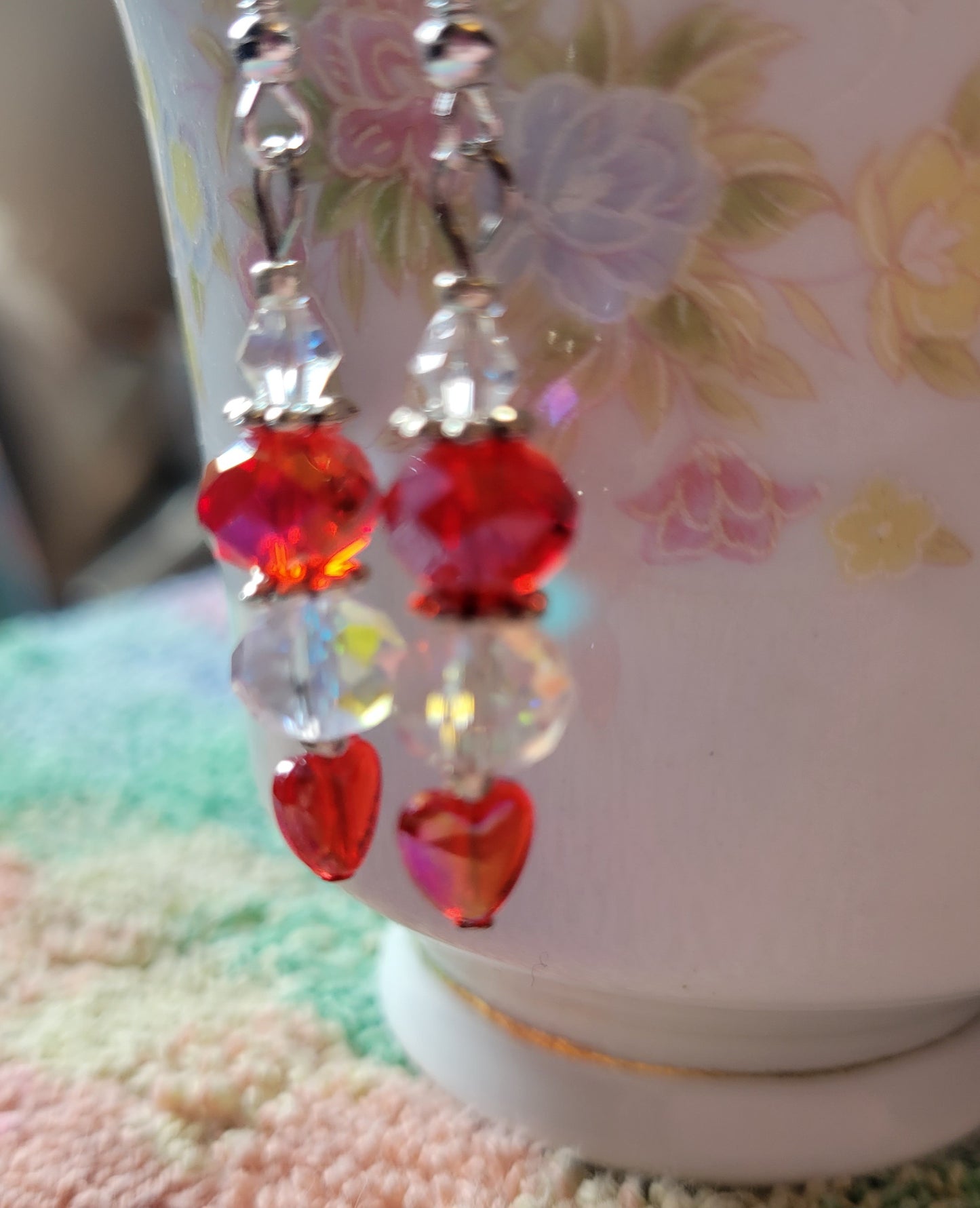 Artisan Elegant Dainty RED HEART Crystal Dangle Drop Earrings French Wire