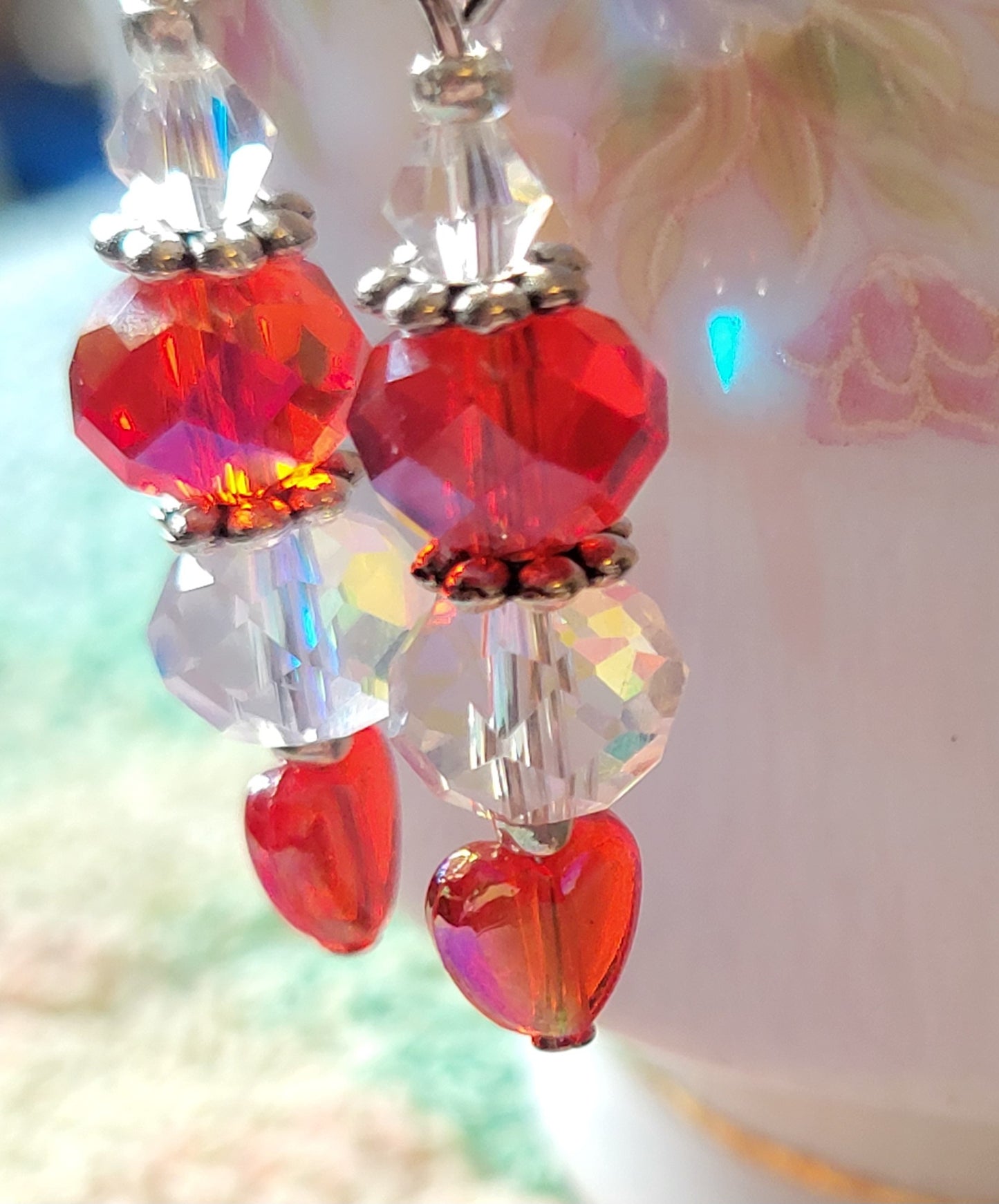 Artisan Elegant Dainty RED HEART Crystal Dangle Drop Earrings French Wire