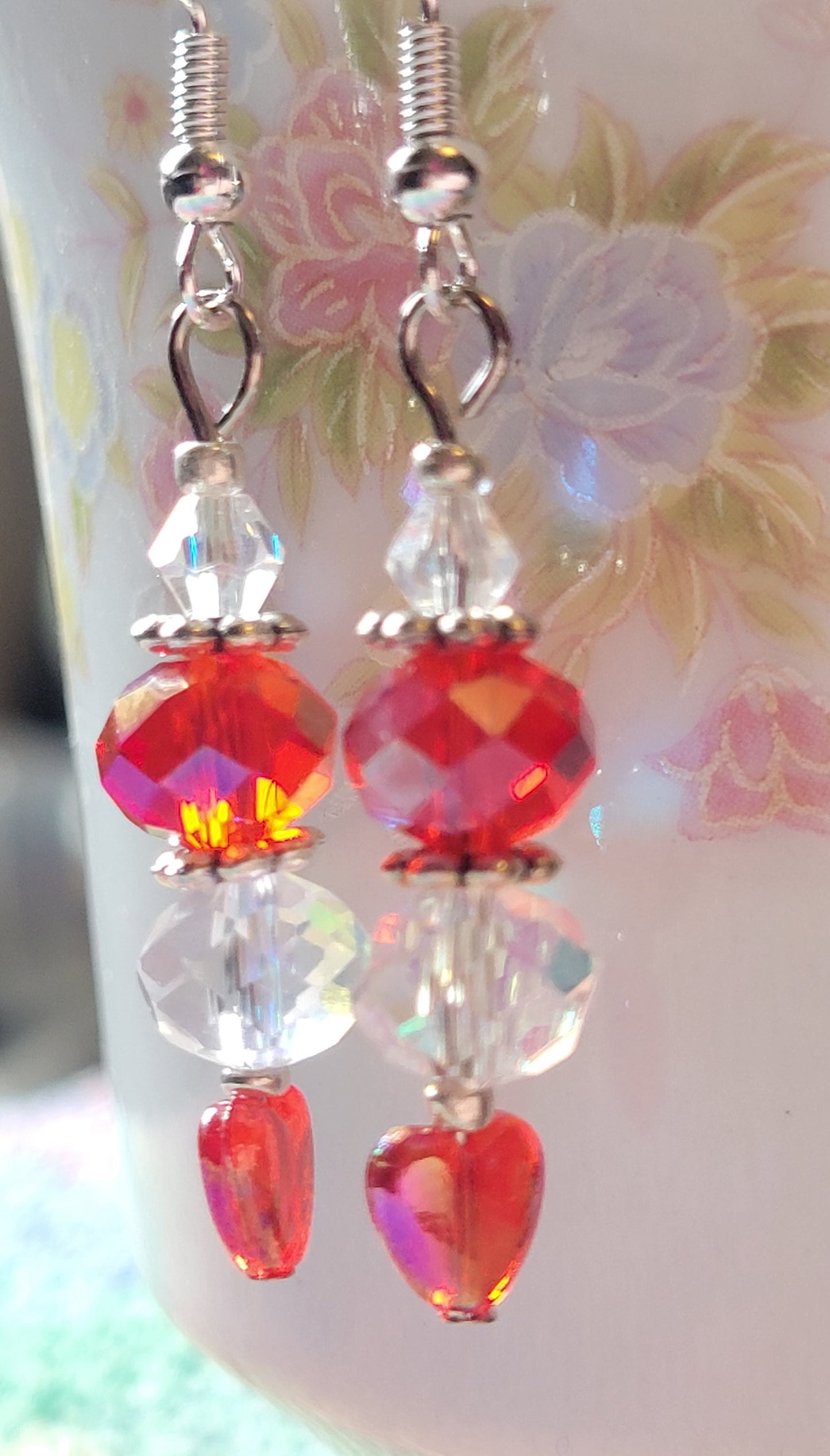 Artisan Elegant Dainty RED HEART Crystal Dangle Drop Earrings French Wire