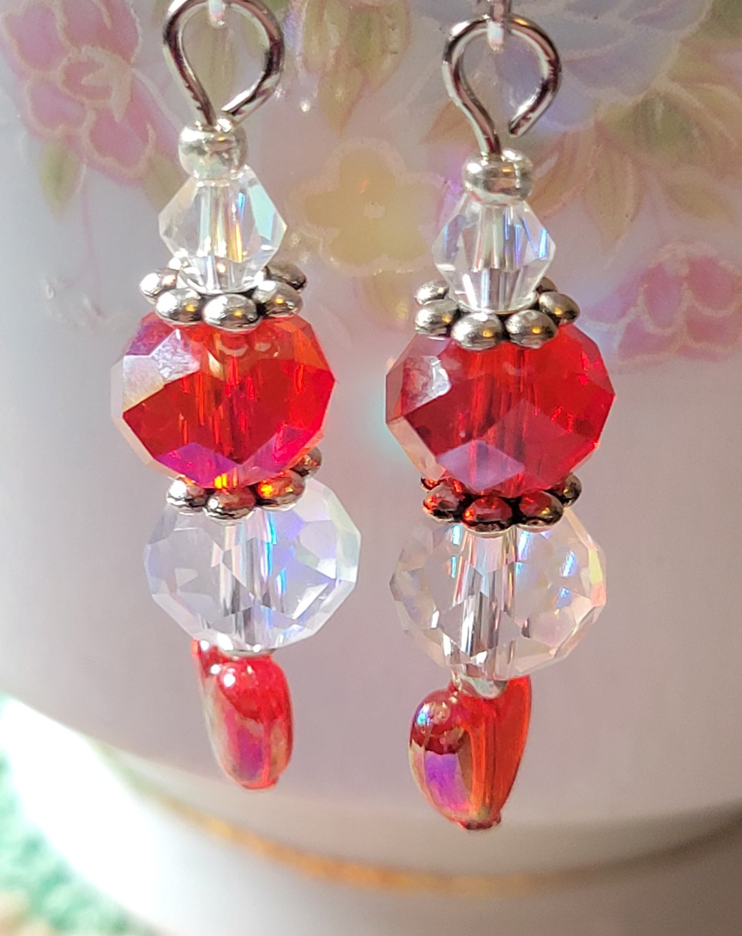 Artisan Elegant Dainty RED HEART Crystal Dangle Drop Earrings French Wire