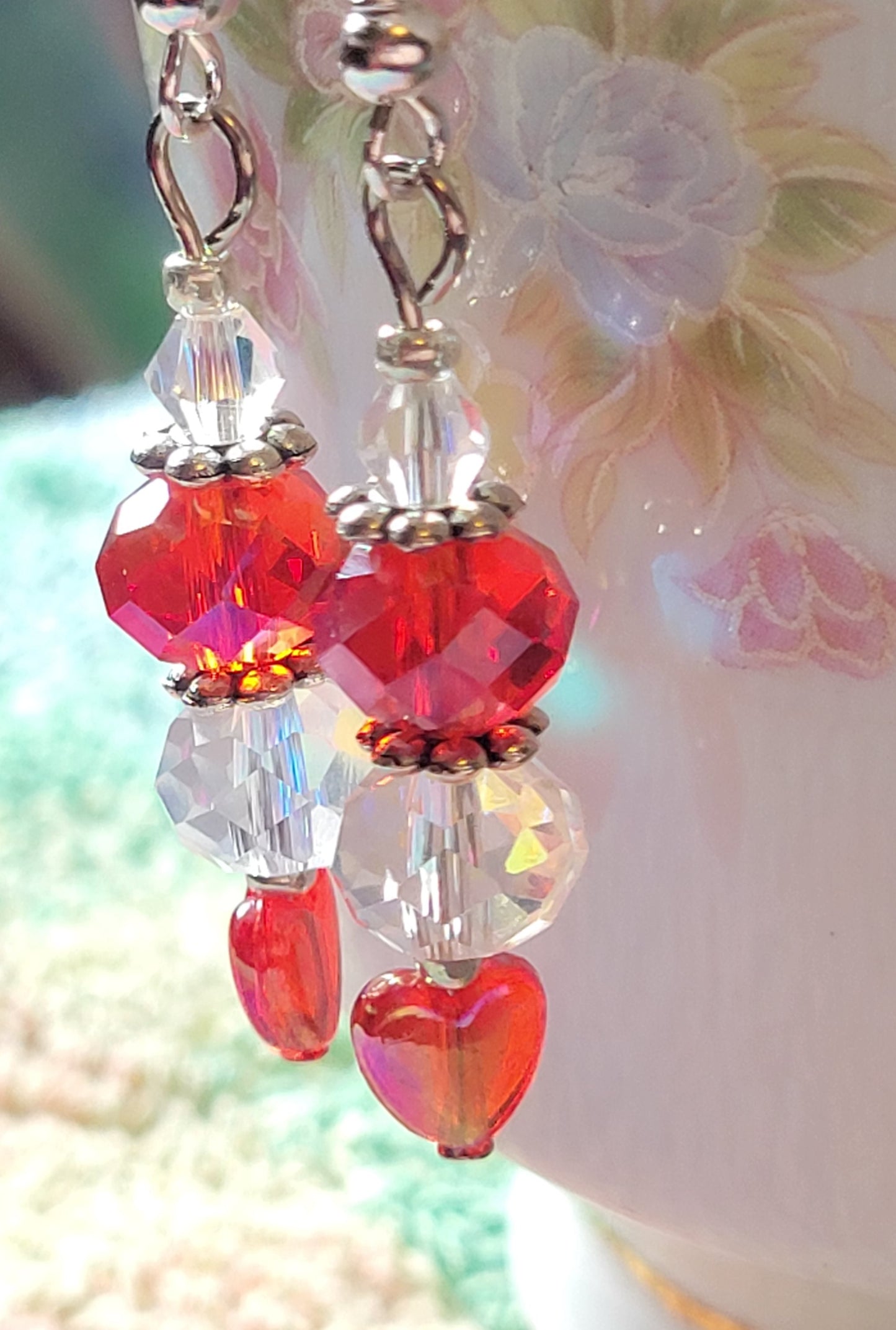 Artisan Elegant Dainty RED HEART Crystal Dangle Drop Earrings French Wire