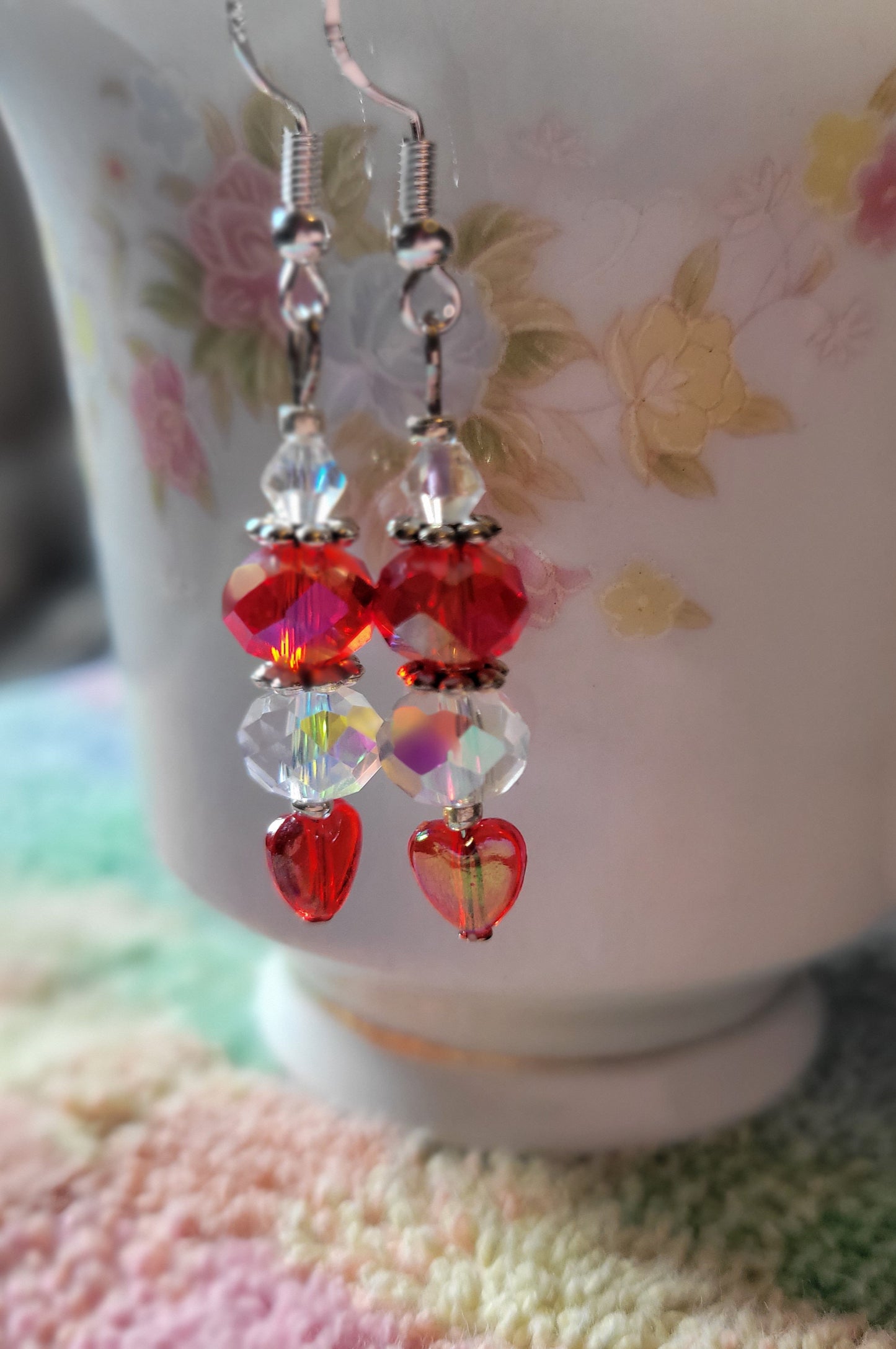 Artisan Elegant Dainty RED HEART Crystal Dangle Drop Earrings French Wire