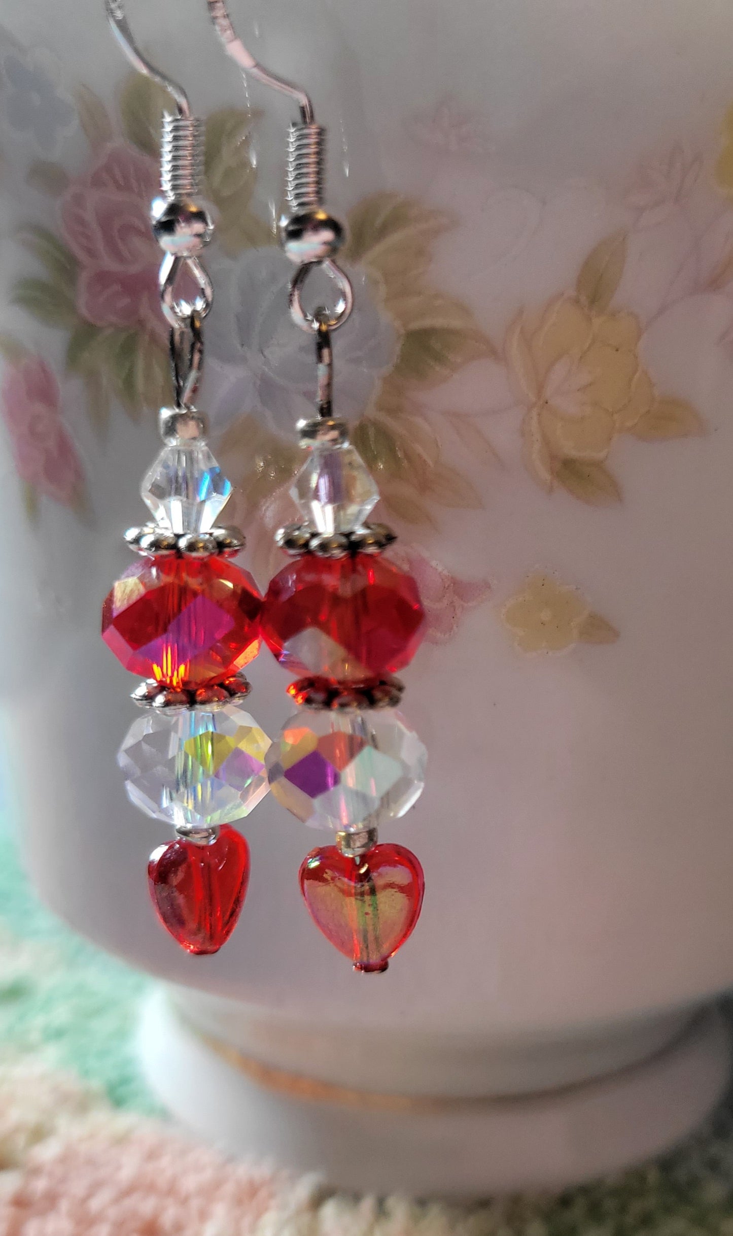 Artisan Elegant Dainty RED HEART Crystal Dangle Drop Earrings French Wire