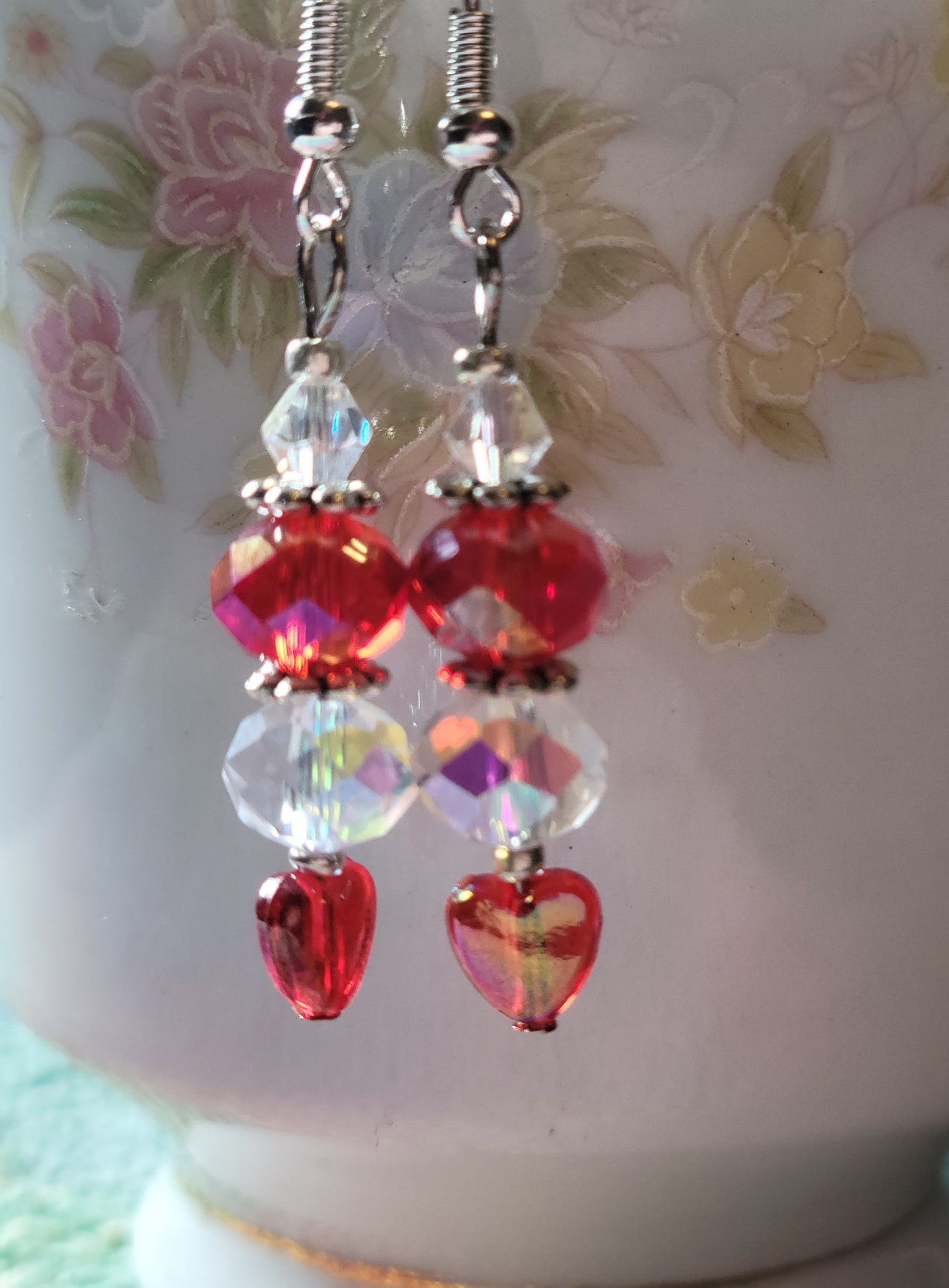 Artisan Elegant Dainty RED HEART Crystal Dangle Drop Earrings French Wire