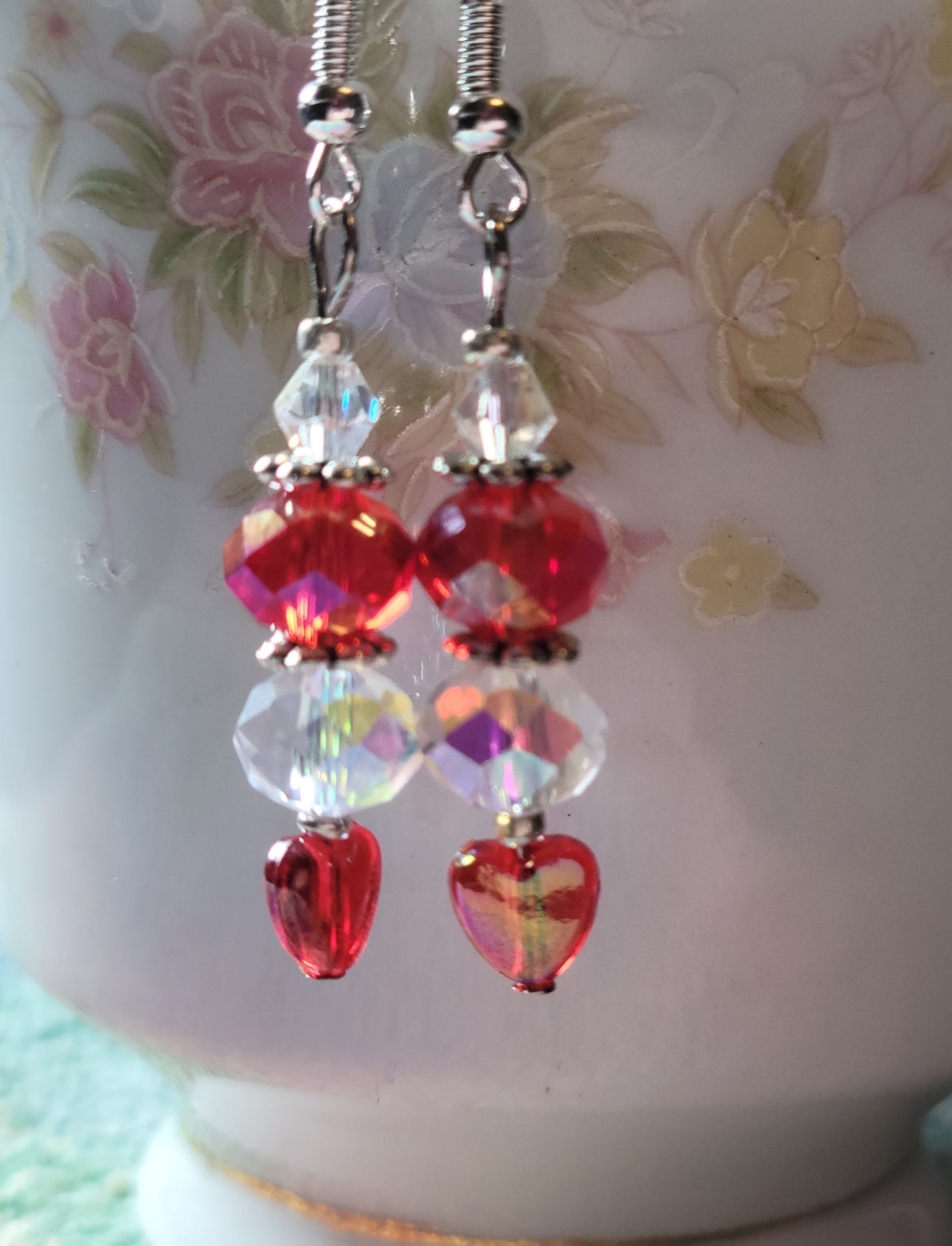 Artisan Elegant Dainty RED HEART Crystal Dangle Drop Earrings French Wire