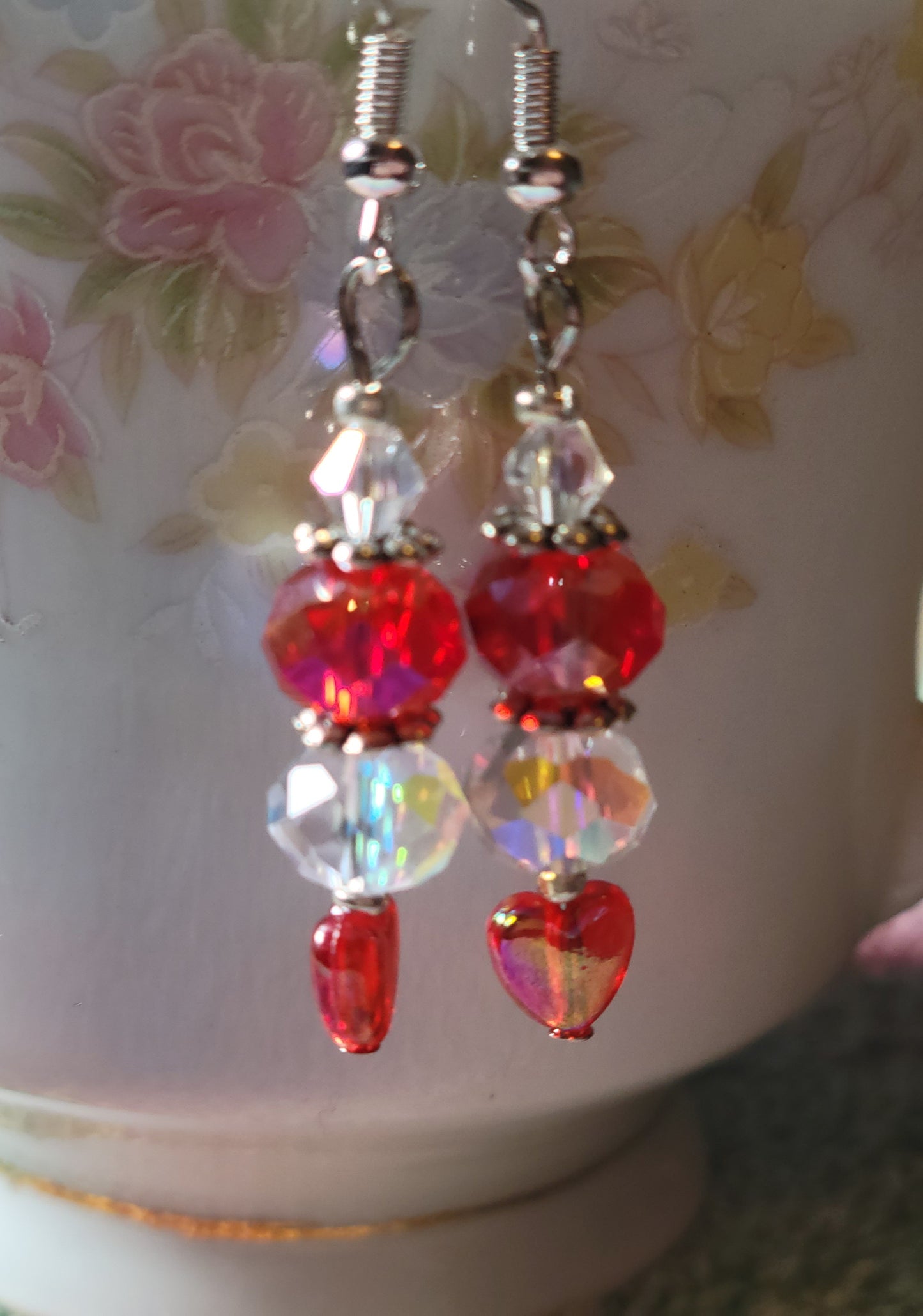 Artisan Elegant Dainty RED HEART Crystal Dangle Drop Earrings French Wire