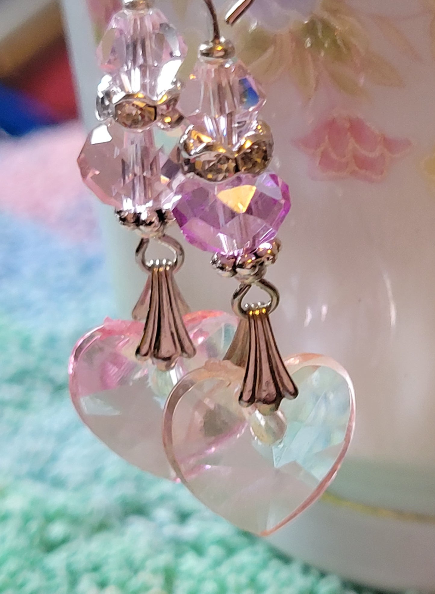 Artisan Elegant PINK  HEART  Crystal Dangle Earrings Silver French Wire