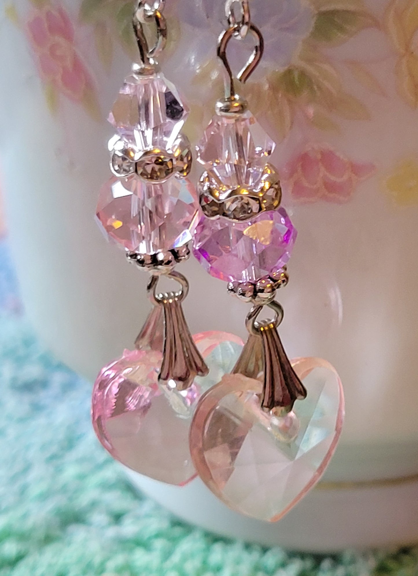 Artisan Elegant PINK  HEART  Crystal Dangle Earrings Silver French Wire