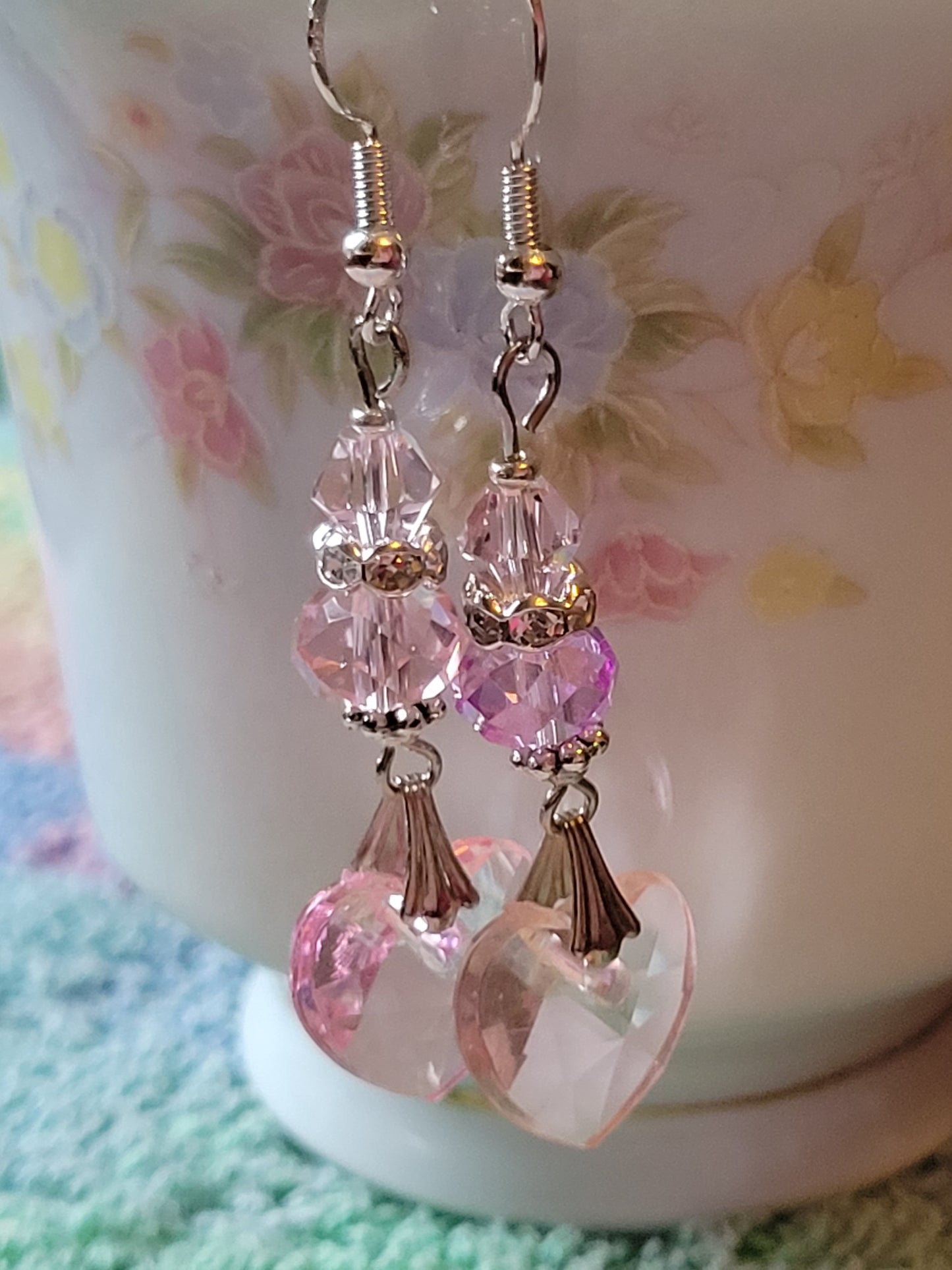 Artisan Elegant PINK  HEART  Crystal Dangle Earrings Silver French Wire