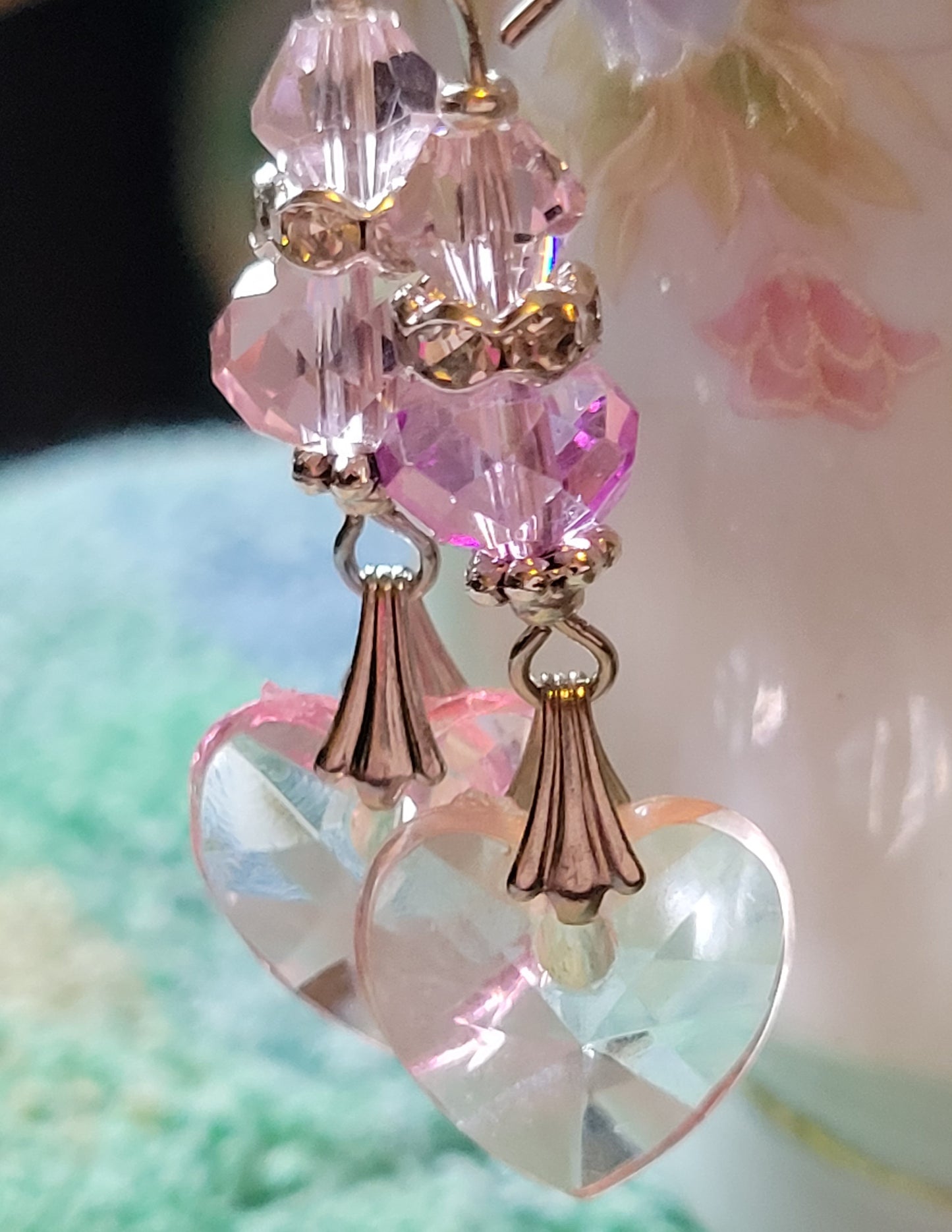 Artisan Elegant PINK  HEART  Crystal Dangle Earrings Silver French Wire
