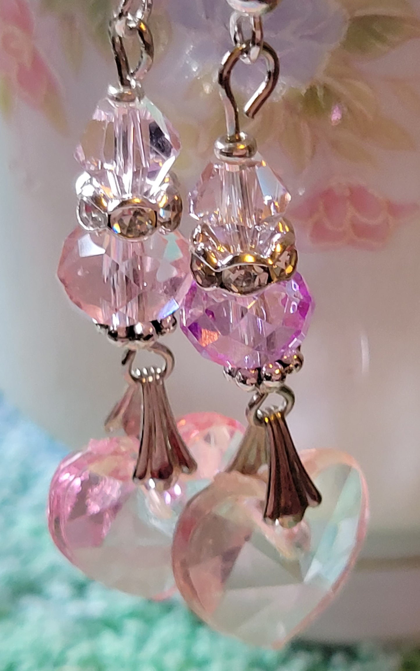 Artisan Elegant PINK  HEART  Crystal Dangle Earrings Silver French Wire
