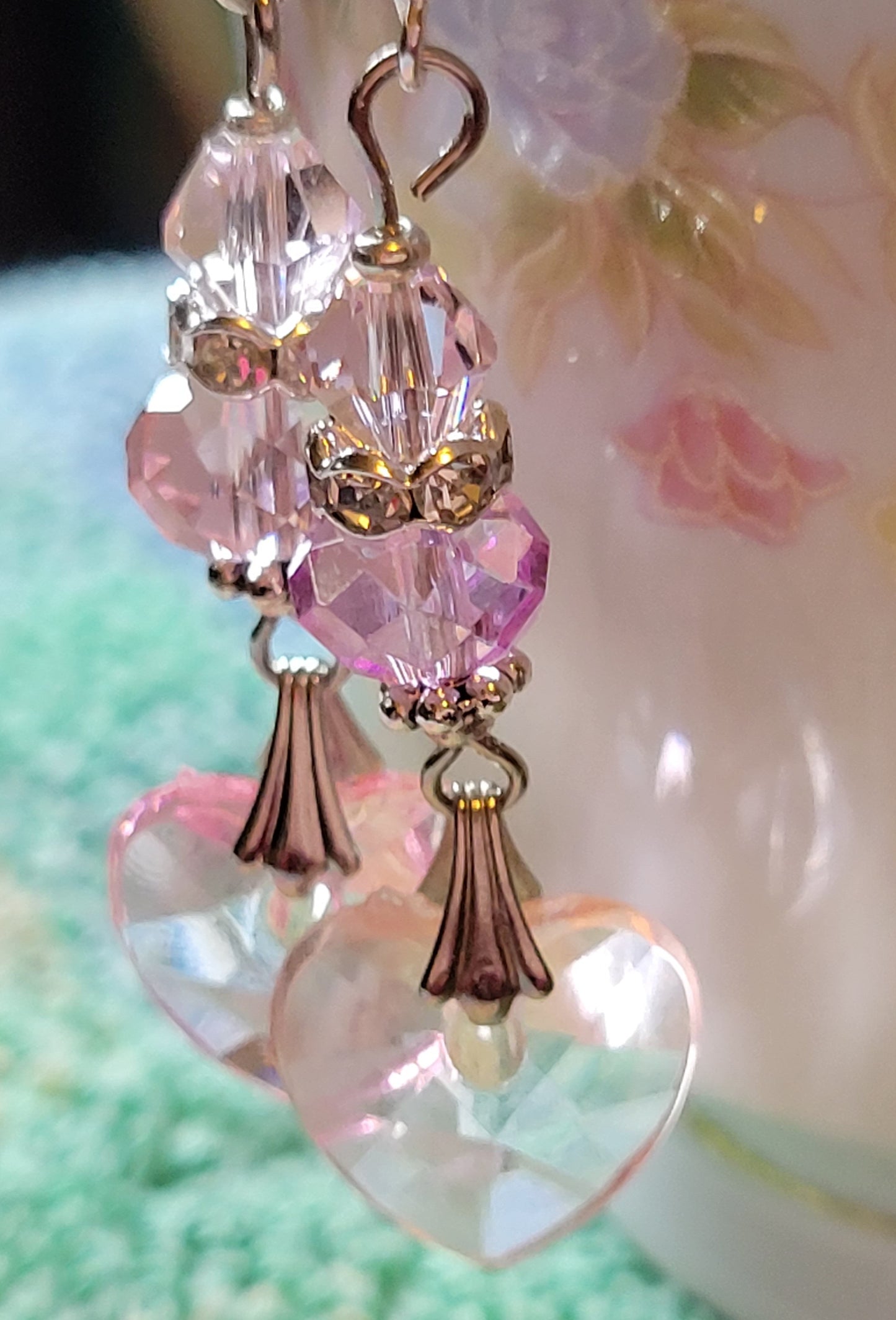 Artisan Elegant PINK  HEART  Crystal Dangle Earrings Silver French Wire