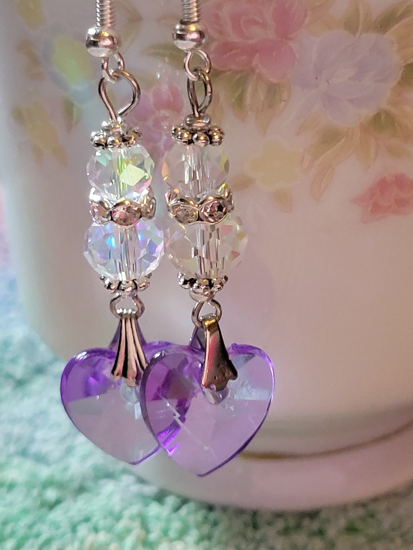 Artisan Elegant Clear & PURPLE HEART Crystal Dangle Drop Earrings French Wire