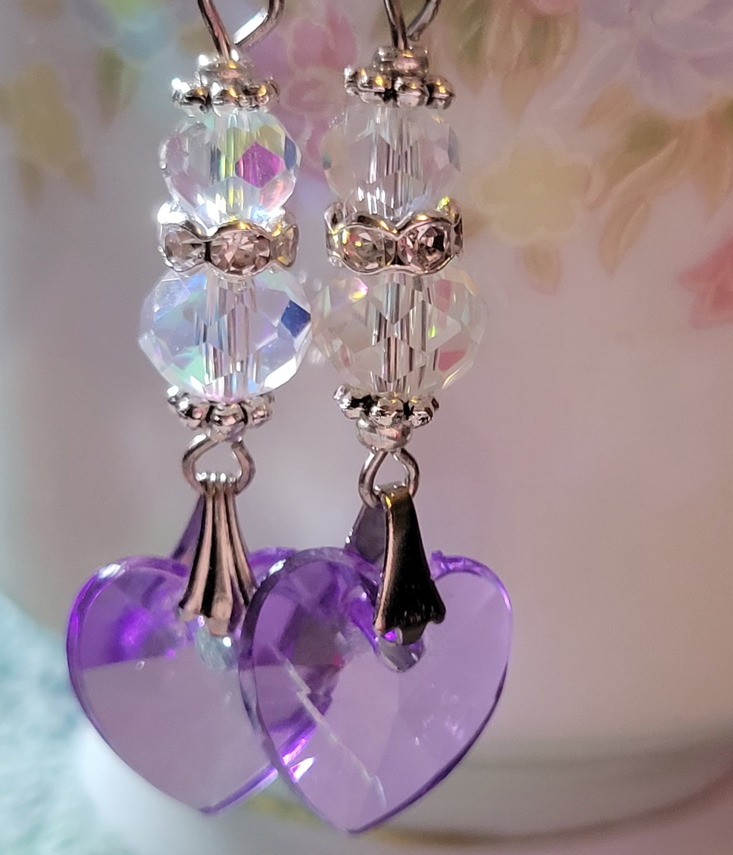 Artisan Elegant Clear & PURPLE HEART Crystal Dangle Drop Earrings French Wire