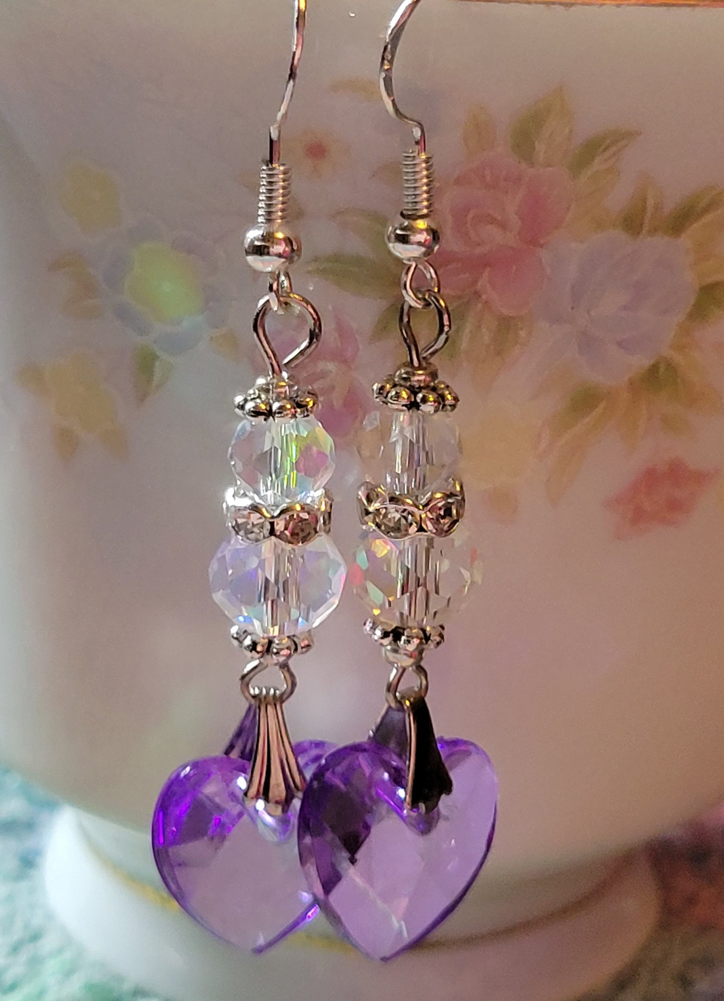Artisan Elegant Clear & PURPLE HEART Crystal Dangle Drop Earrings French Wire