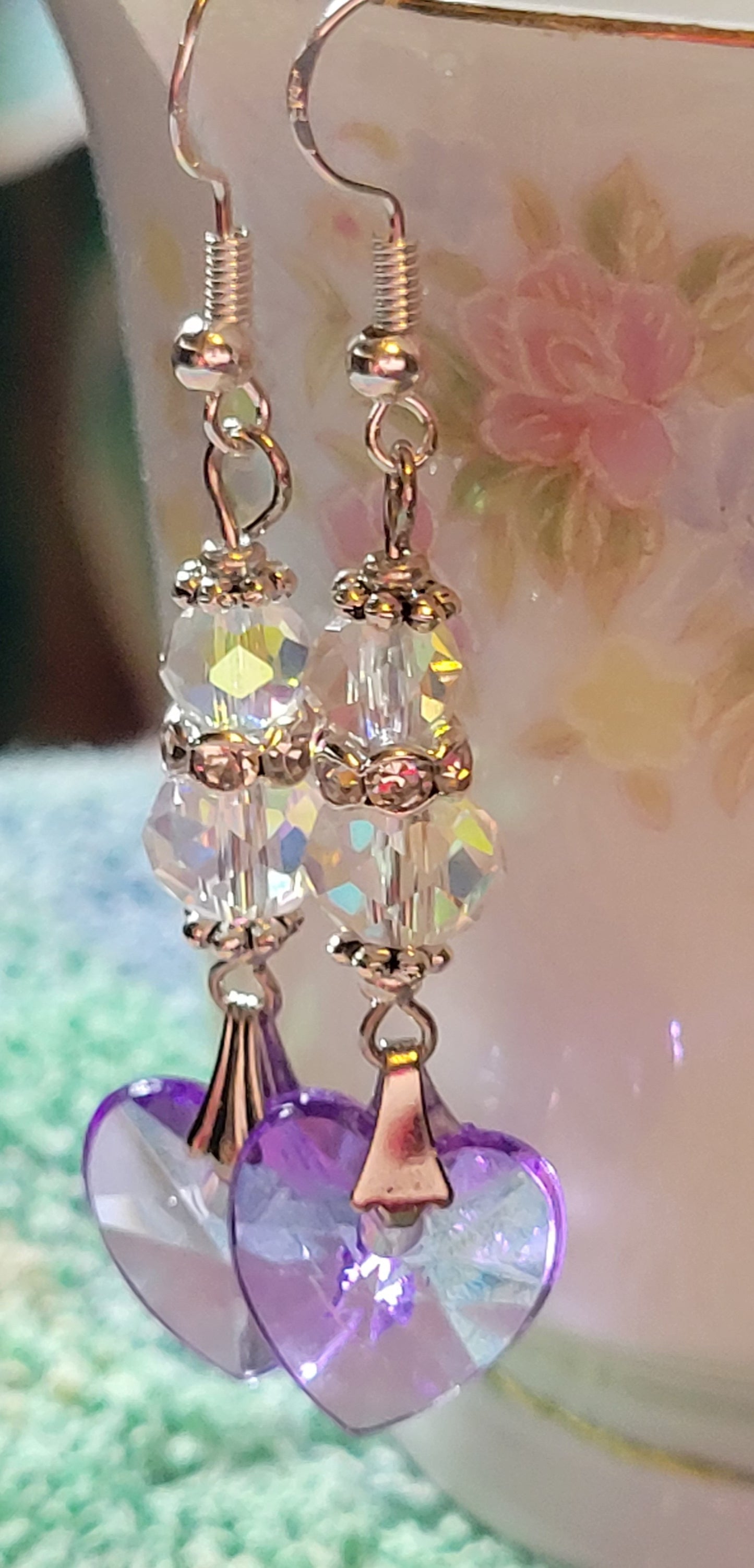 Artisan Elegant Clear & PURPLE HEART Crystal Dangle Drop Earrings French Wire