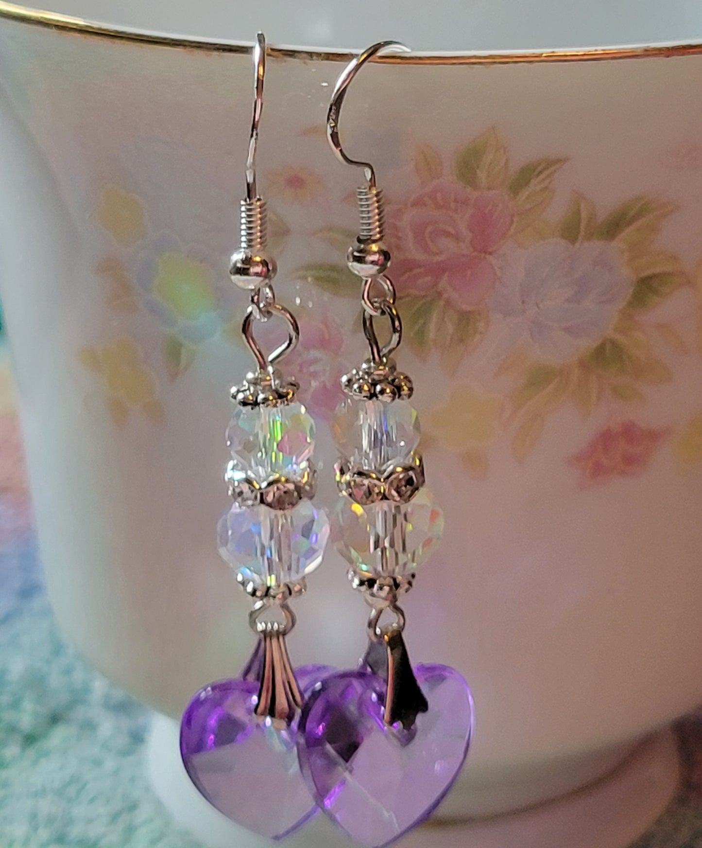 Artisan Elegant Clear & PURPLE HEART Crystal Dangle Drop Earrings French Wire