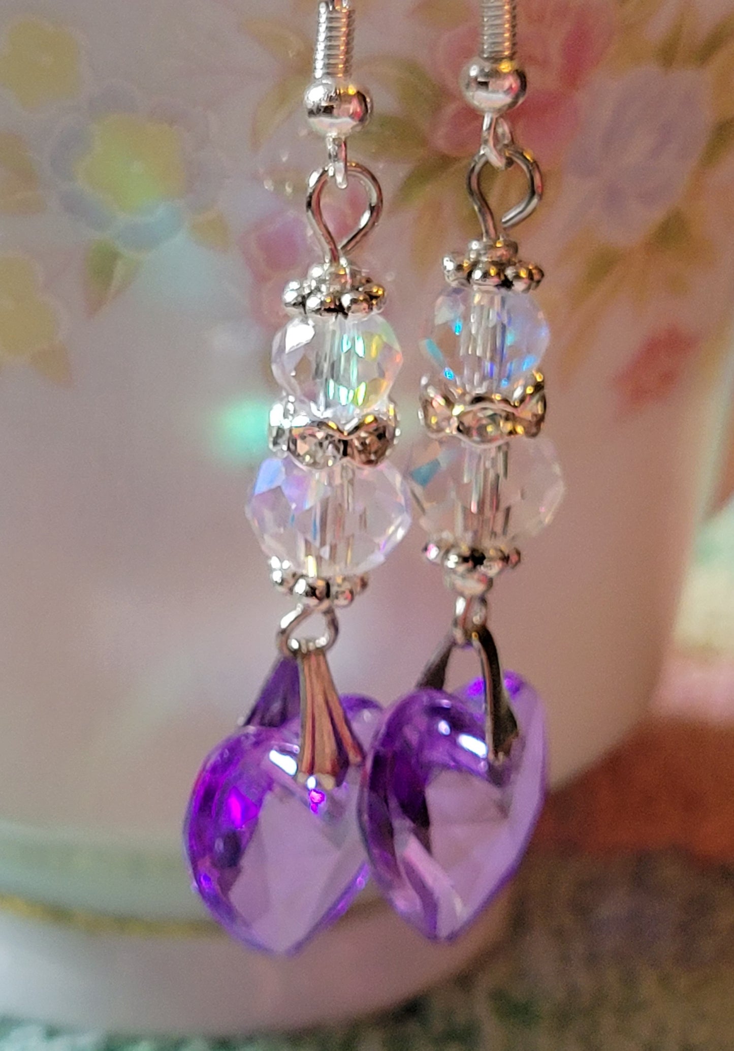 Artisan Elegant Clear & PURPLE HEART Crystal Dangle Drop Earrings French Wire