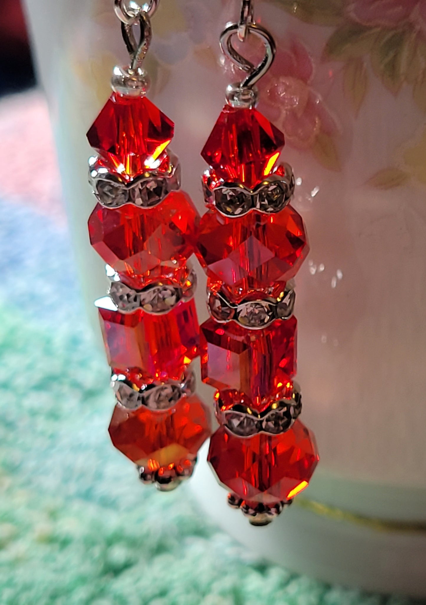 Artisan Exotic RED Crystal Dangle Drop Earrings French Wire Silver