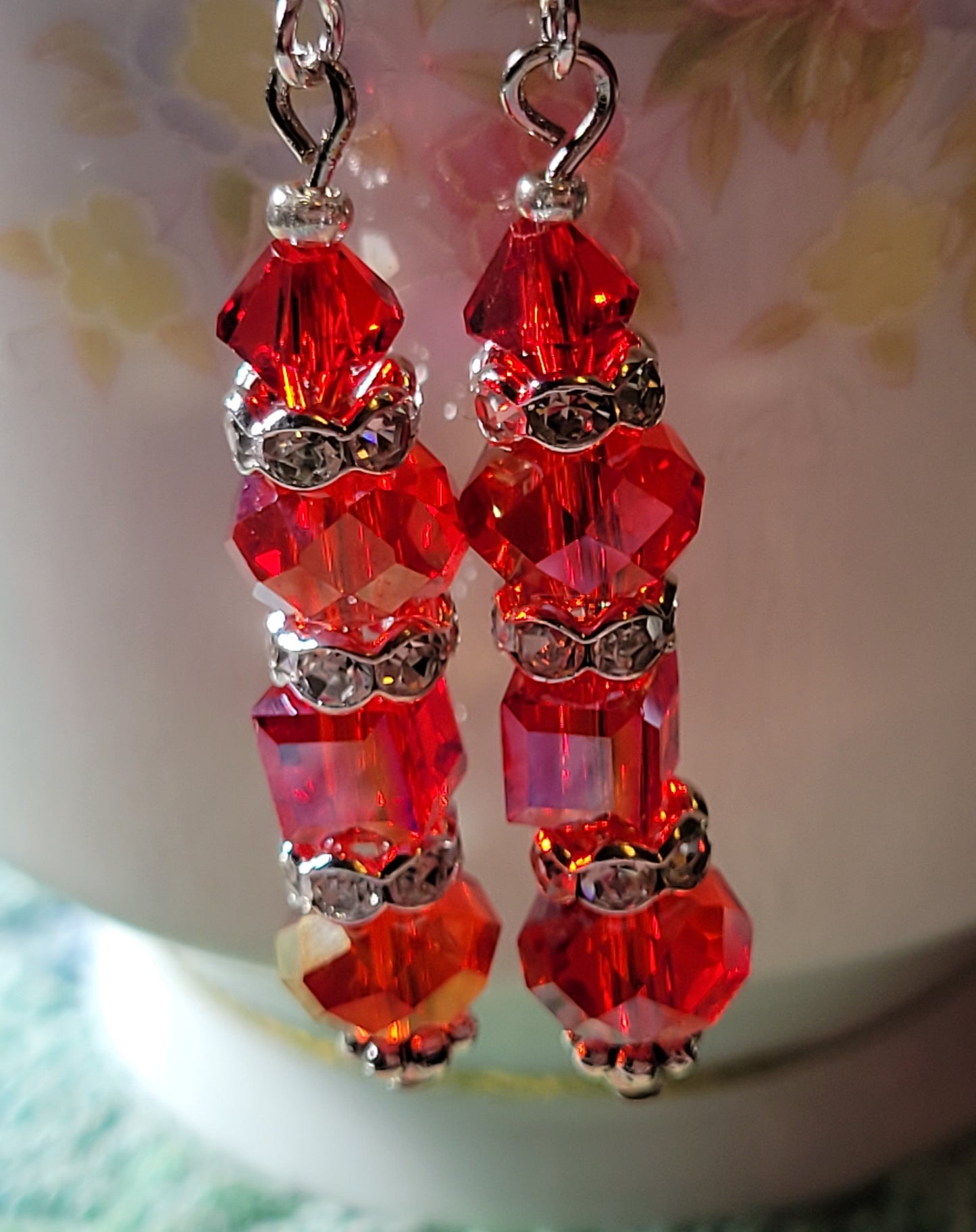Artisan Exotic RED Crystal Dangle Drop Earrings French Wire Silver