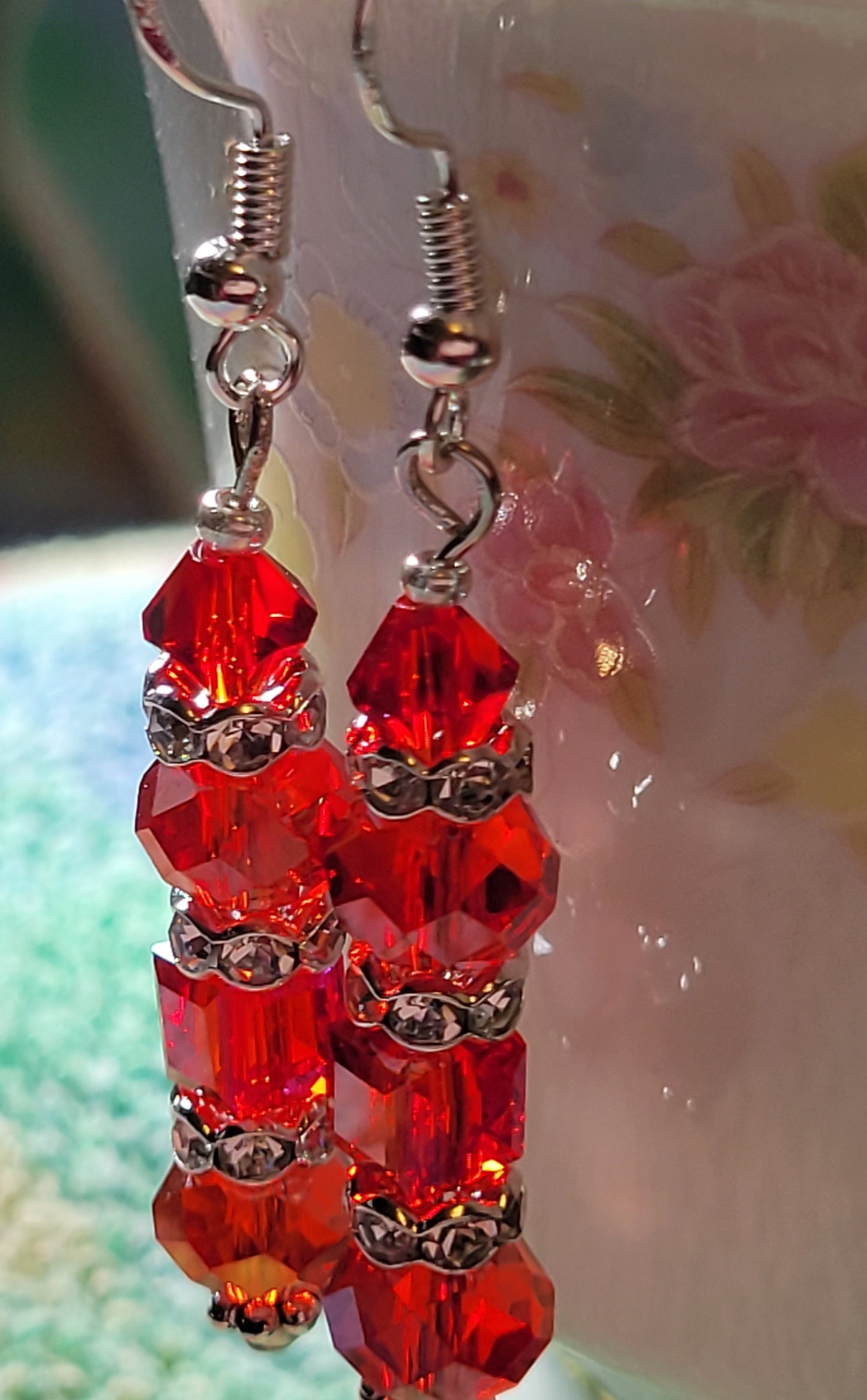 Artisan Exotic RED Crystal Dangle Drop Earrings French Wire Silver
