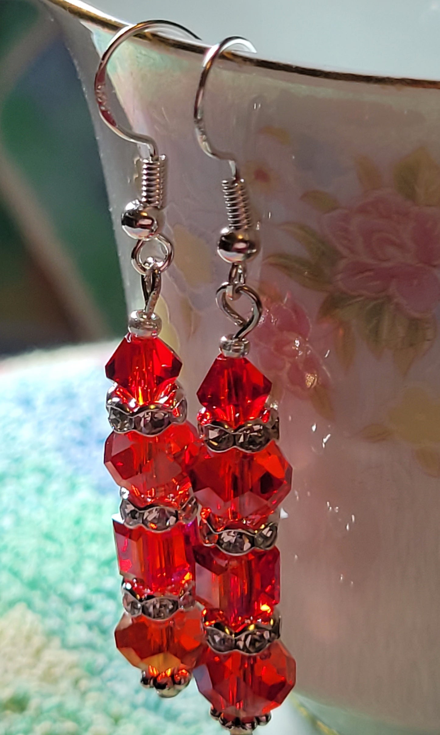 Artisan Exotic RED Crystal Dangle Drop Earrings French Wire Silver