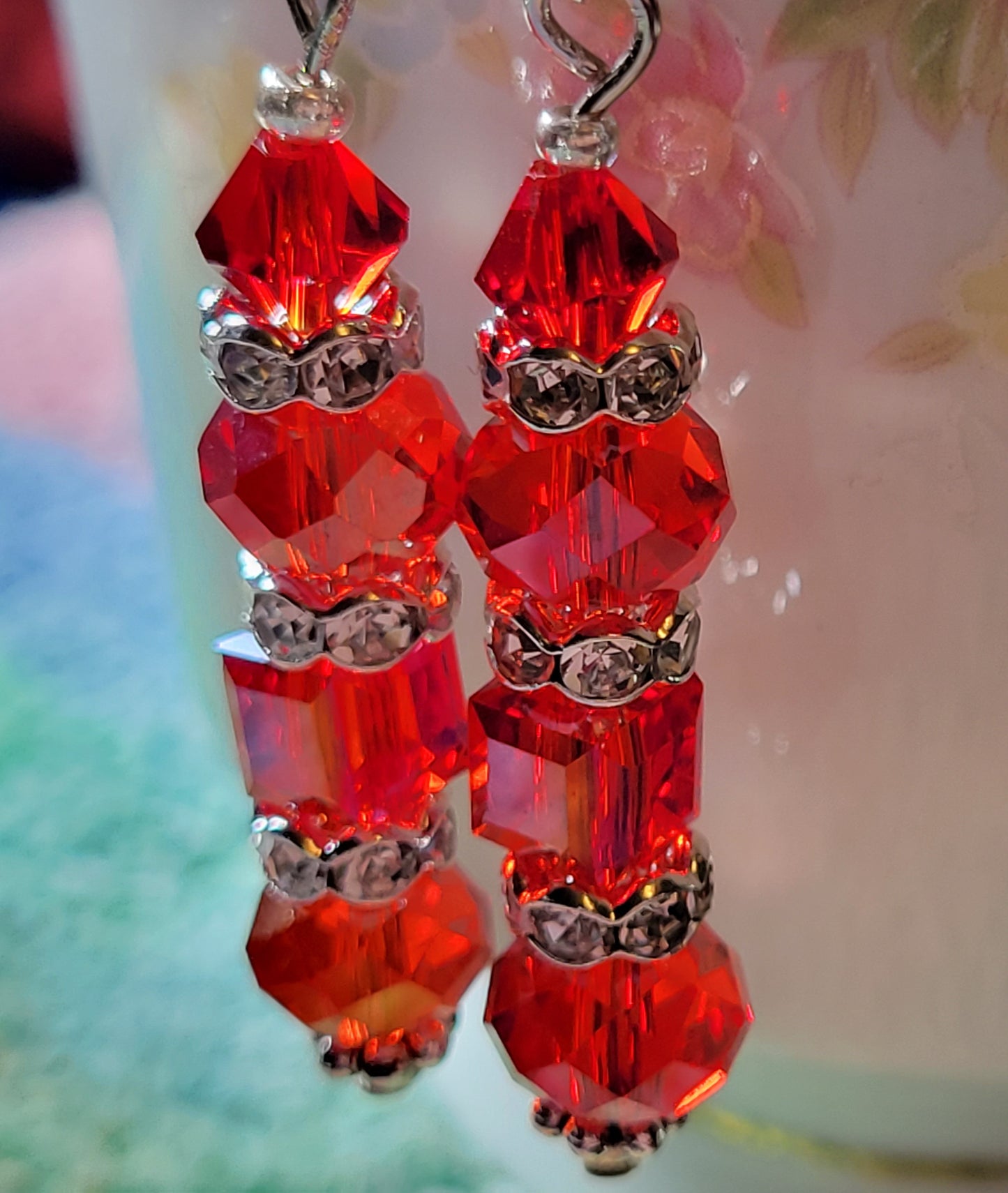 Artisan Exotic RED Crystal Dangle Drop Earrings French Wire Silver