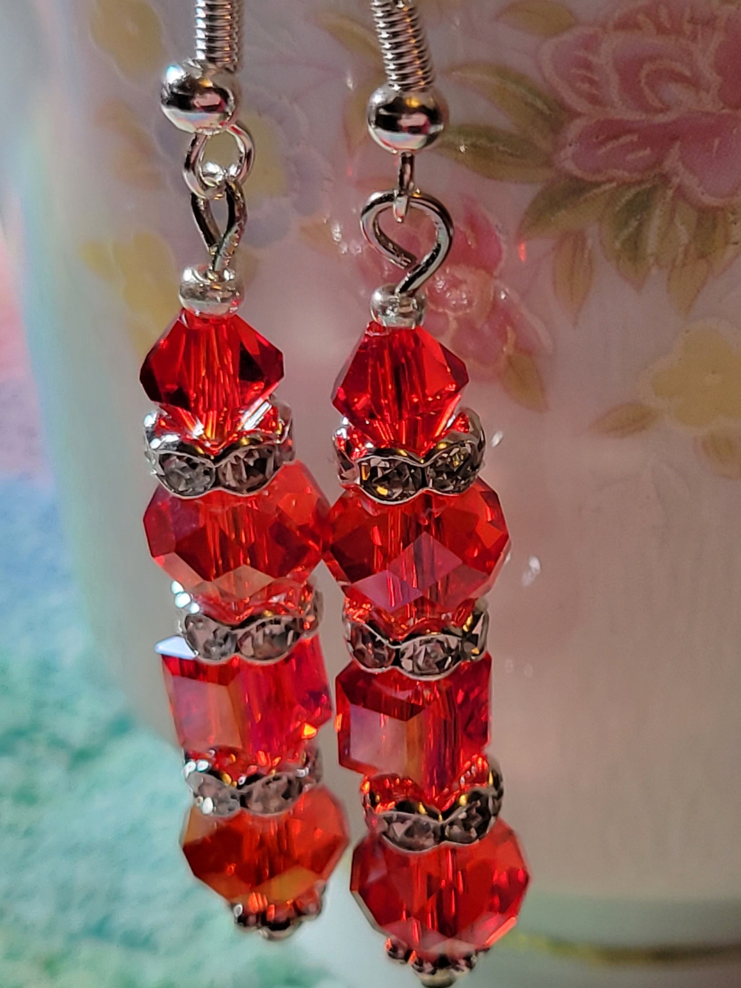 Artisan Exotic RED Crystal Dangle Drop Earrings French Wire Silver