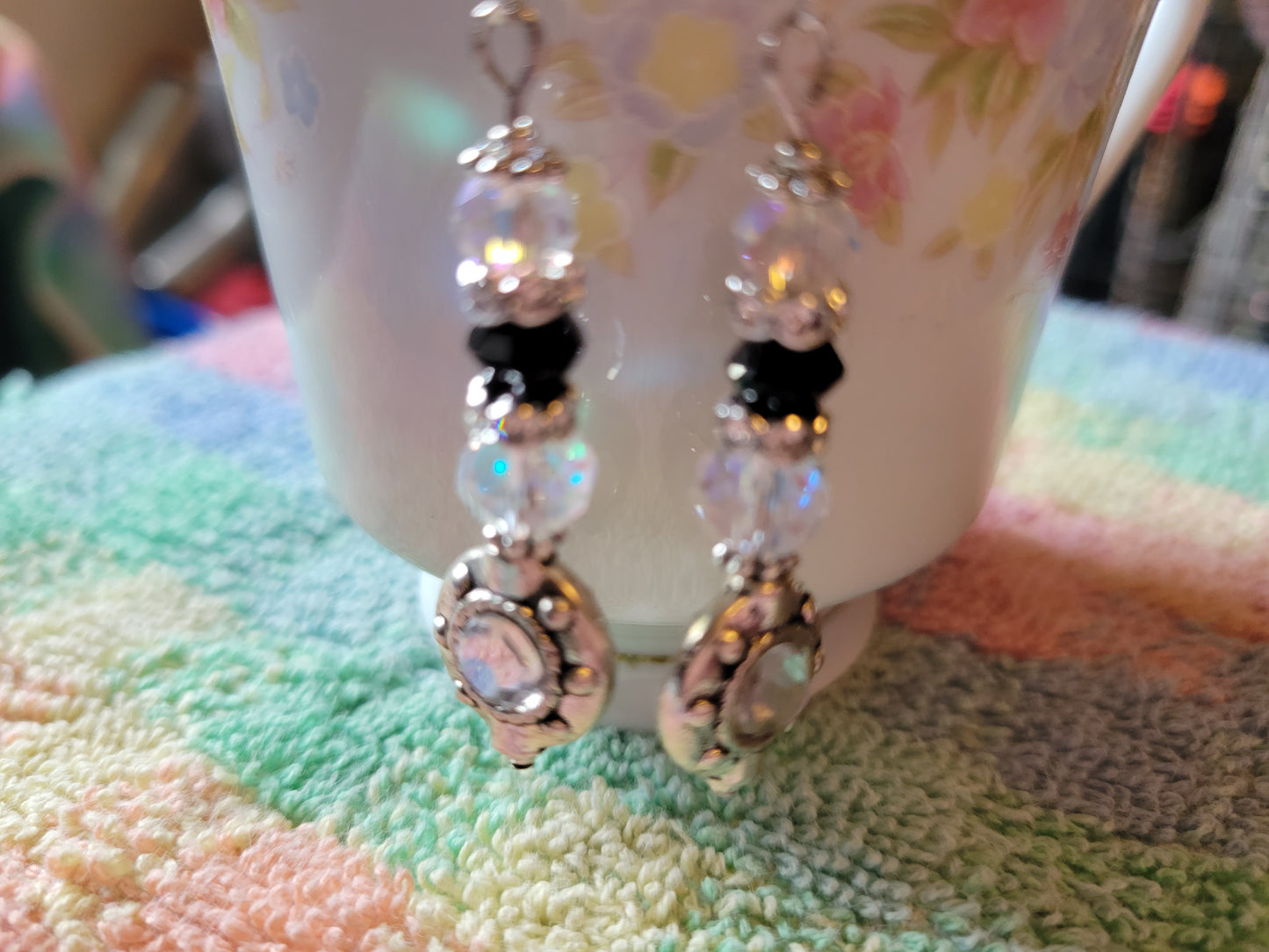 Artisan EXOTIC BLACK/Clear Crystal Rhinestone Dangle Silver French Wire