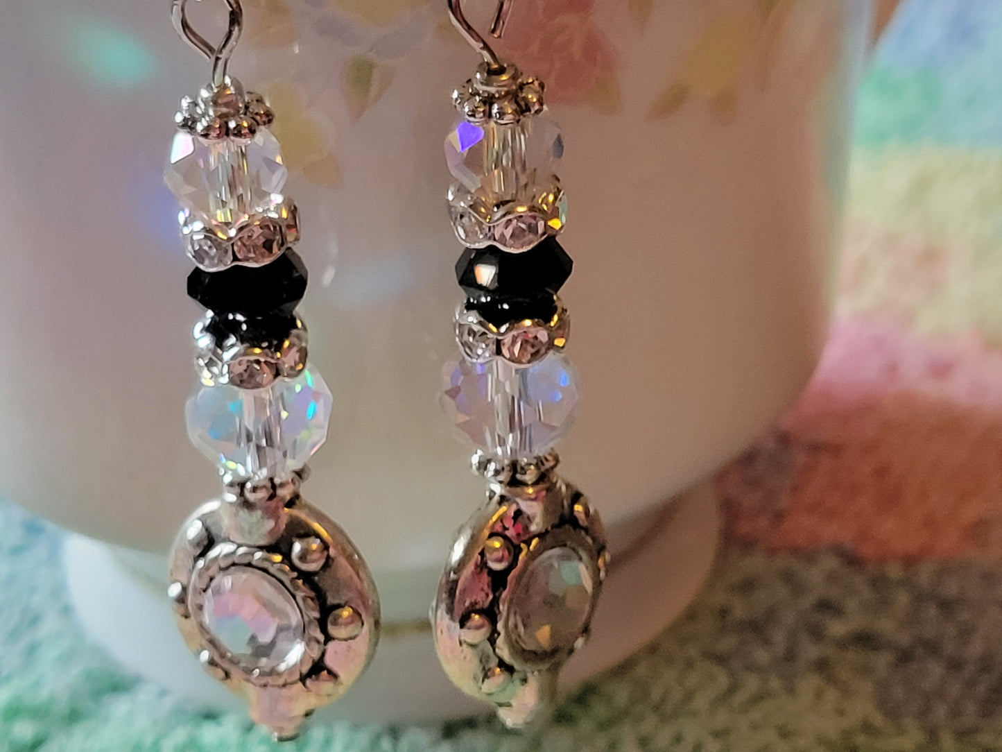 Artisan EXOTIC BLACK/Clear Crystal Rhinestone Dangle Silver French Wire