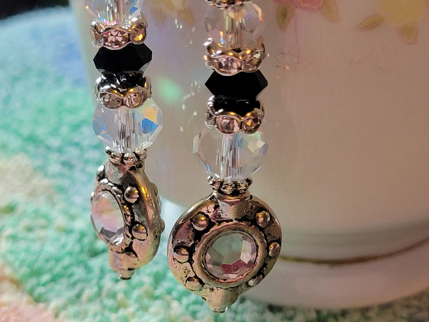 Artisan EXOTIC BLACK/Clear Crystal Rhinestone Dangle Silver French Wire