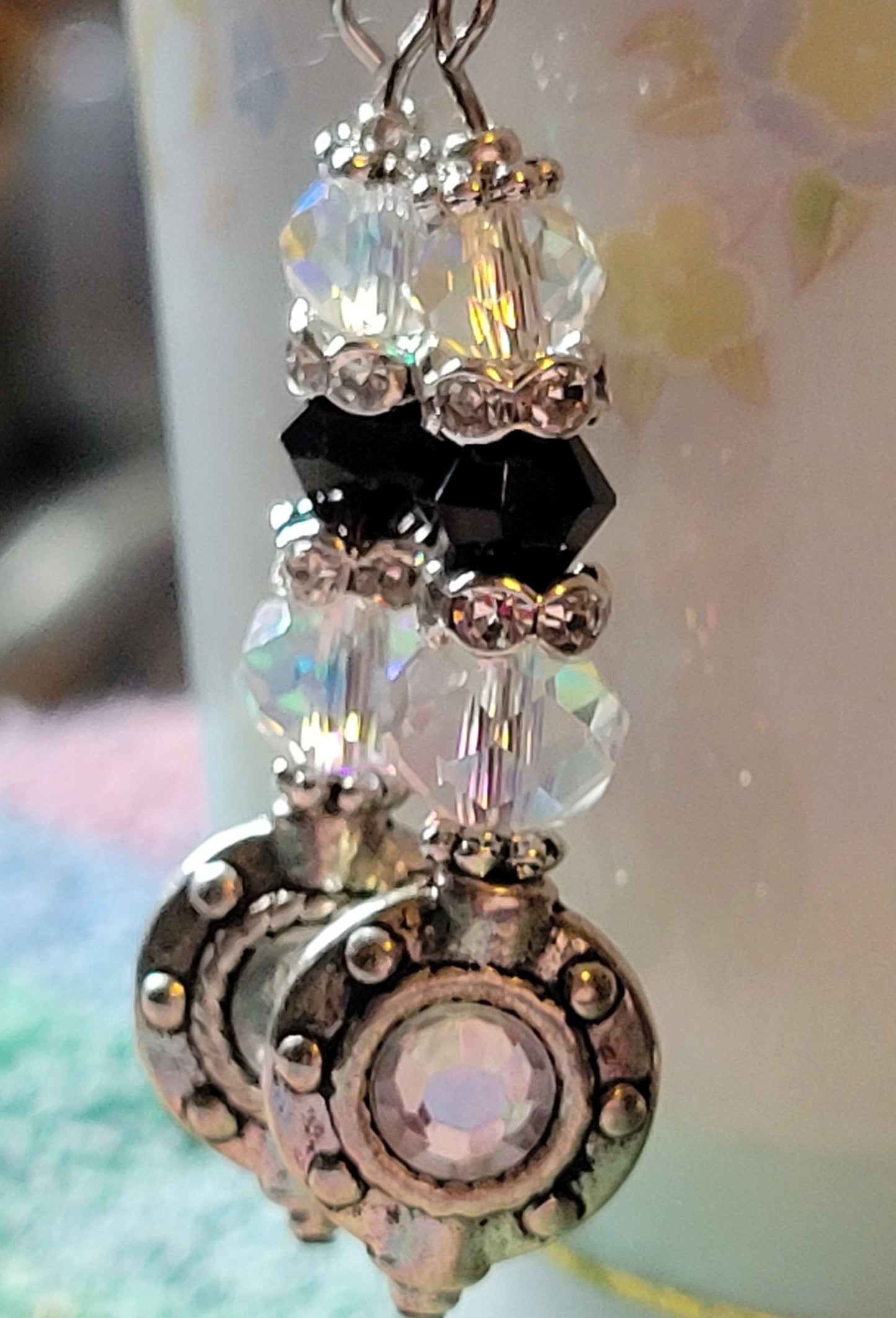 Artisan EXOTIC BLACK/Clear Crystal Rhinestone Dangle Silver French Wire