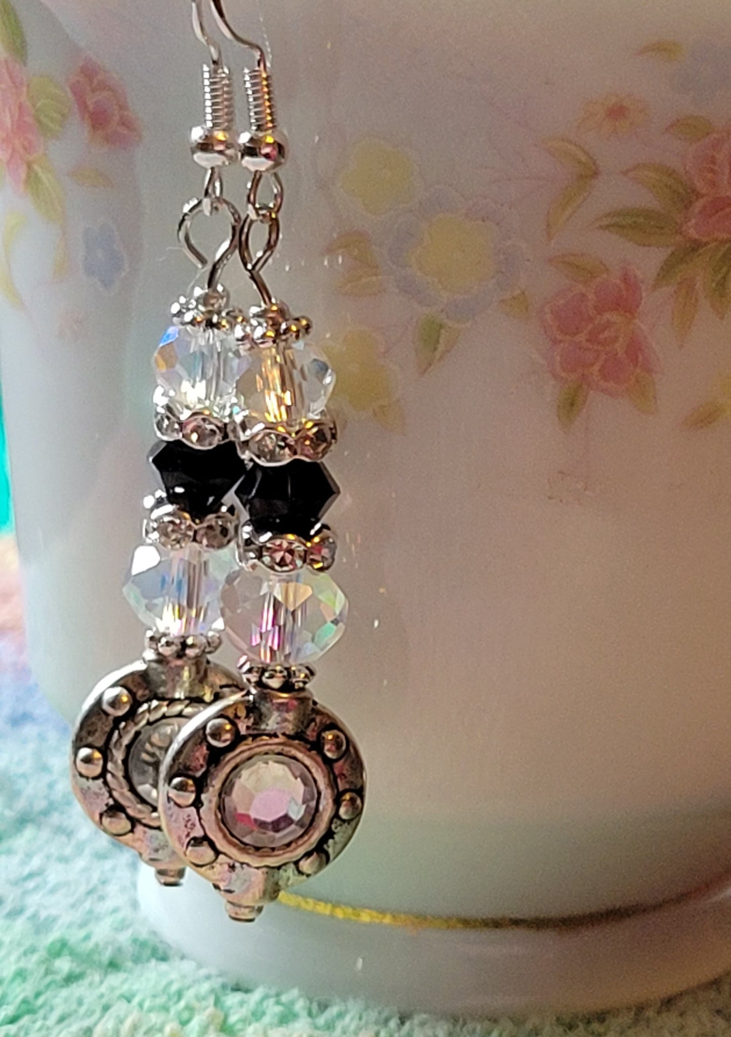 Artisan EXOTIC BLACK/Clear Crystal Rhinestone Dangle Silver French Wire