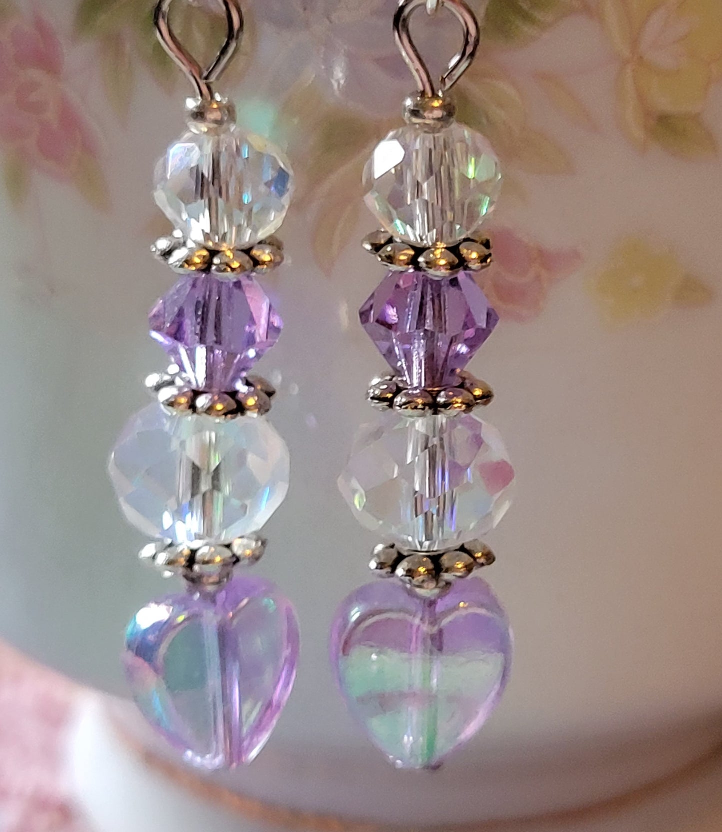 Artisan Slightly VIOLET HEART Crystal Dangle Drop Earrings French Wire