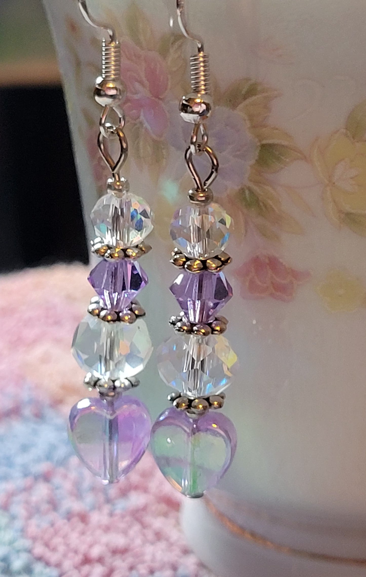 Artisan Slightly VIOLET HEART Crystal Dangle Drop Earrings French Wire