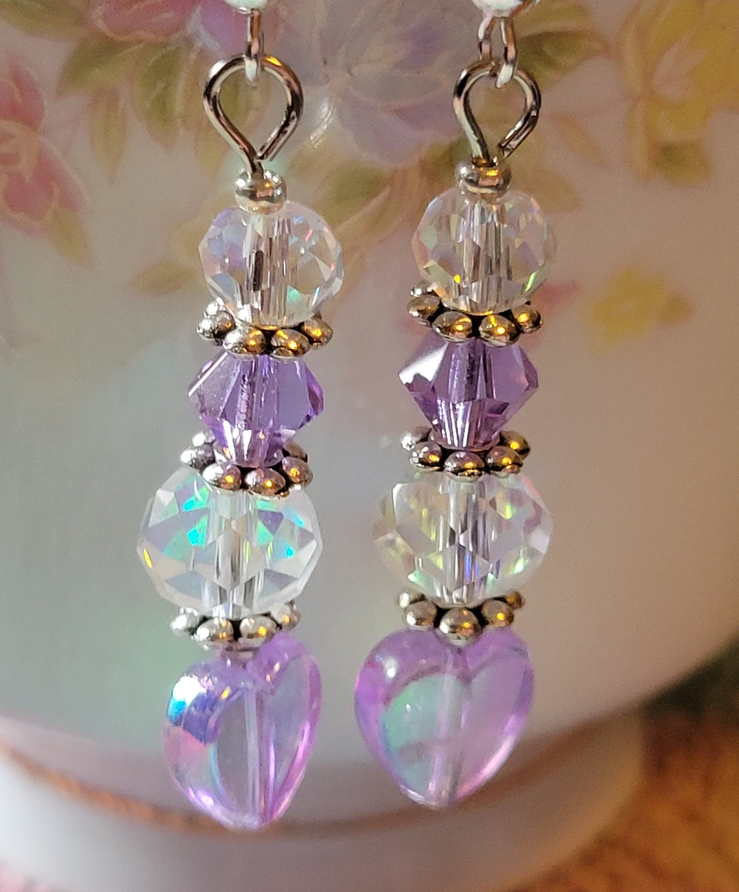Artisan Slightly VIOLET HEART Crystal Dangle Drop Earrings French Wire