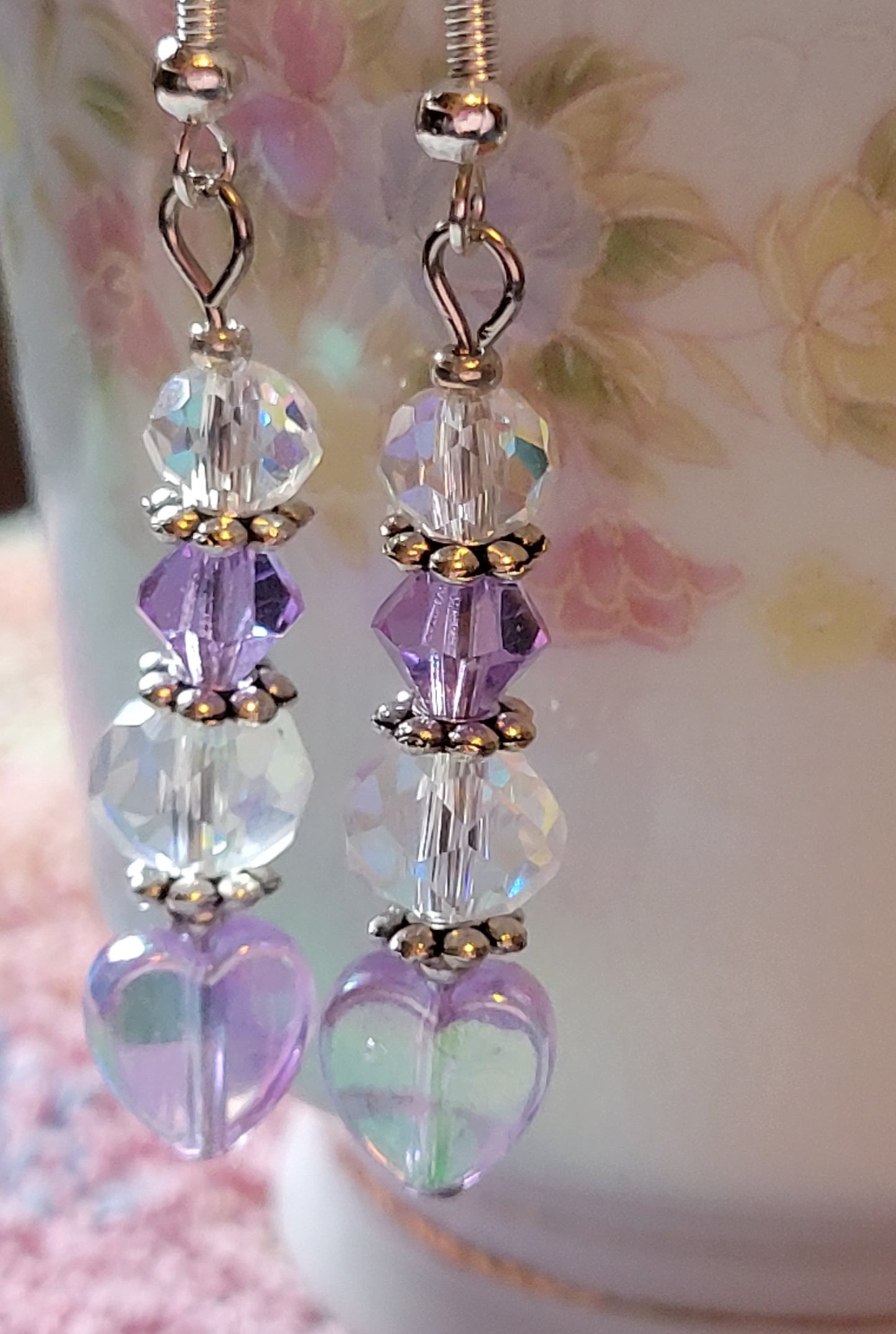 Artisan Slightly VIOLET HEART Crystal Dangle Drop Earrings French Wire